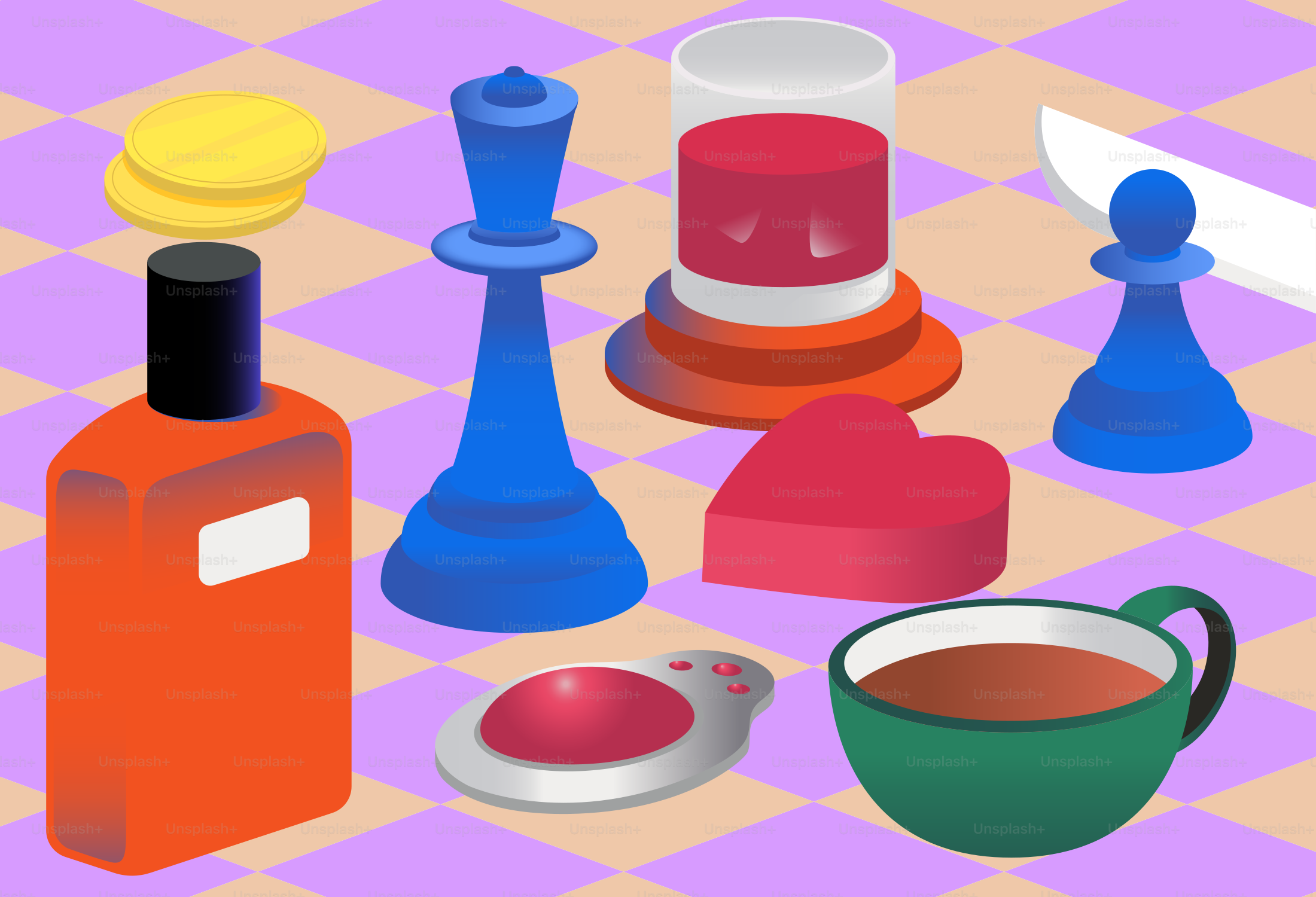 Various objects arranged on a checkered surface.