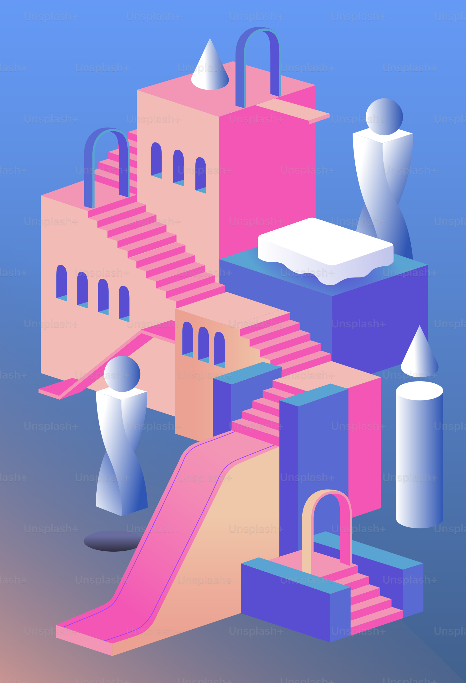 Estructuras geométricas abstractas con escaleras y figuras.