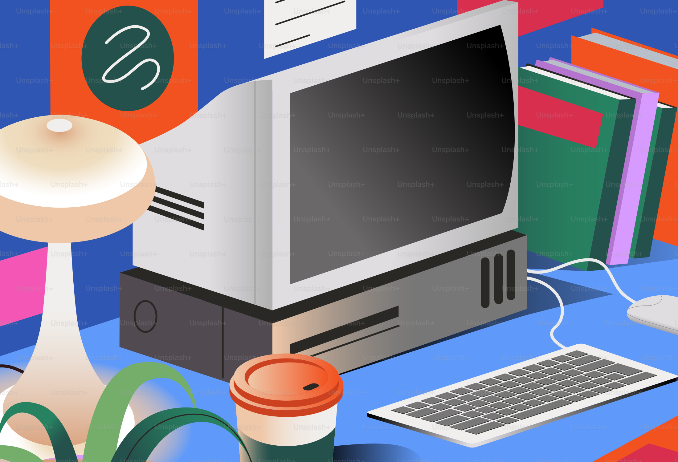 Configuração retrô de computador com abajur e livros