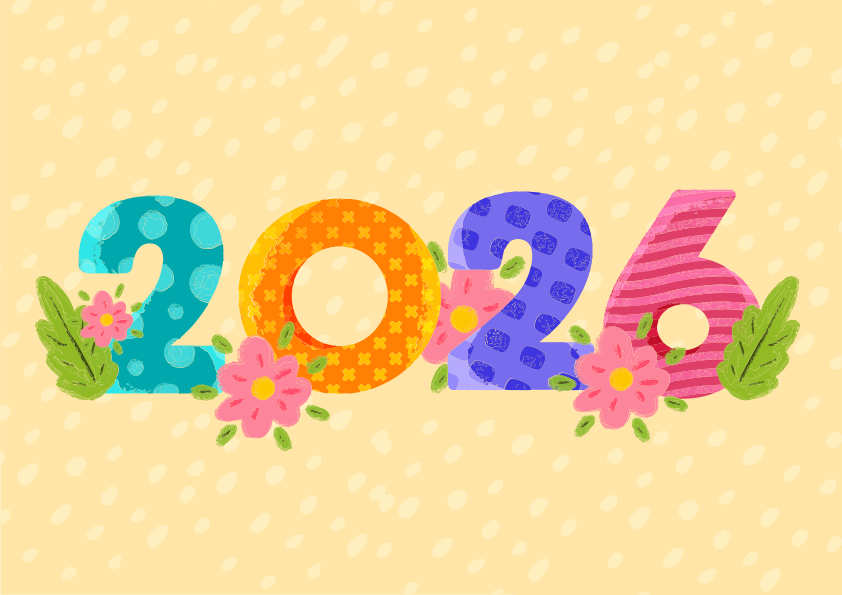 Bunte Zahlen 2026 mit Blumen und Blättern