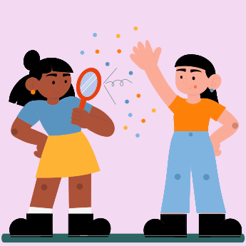 Two girls with a mirror and colorful dots