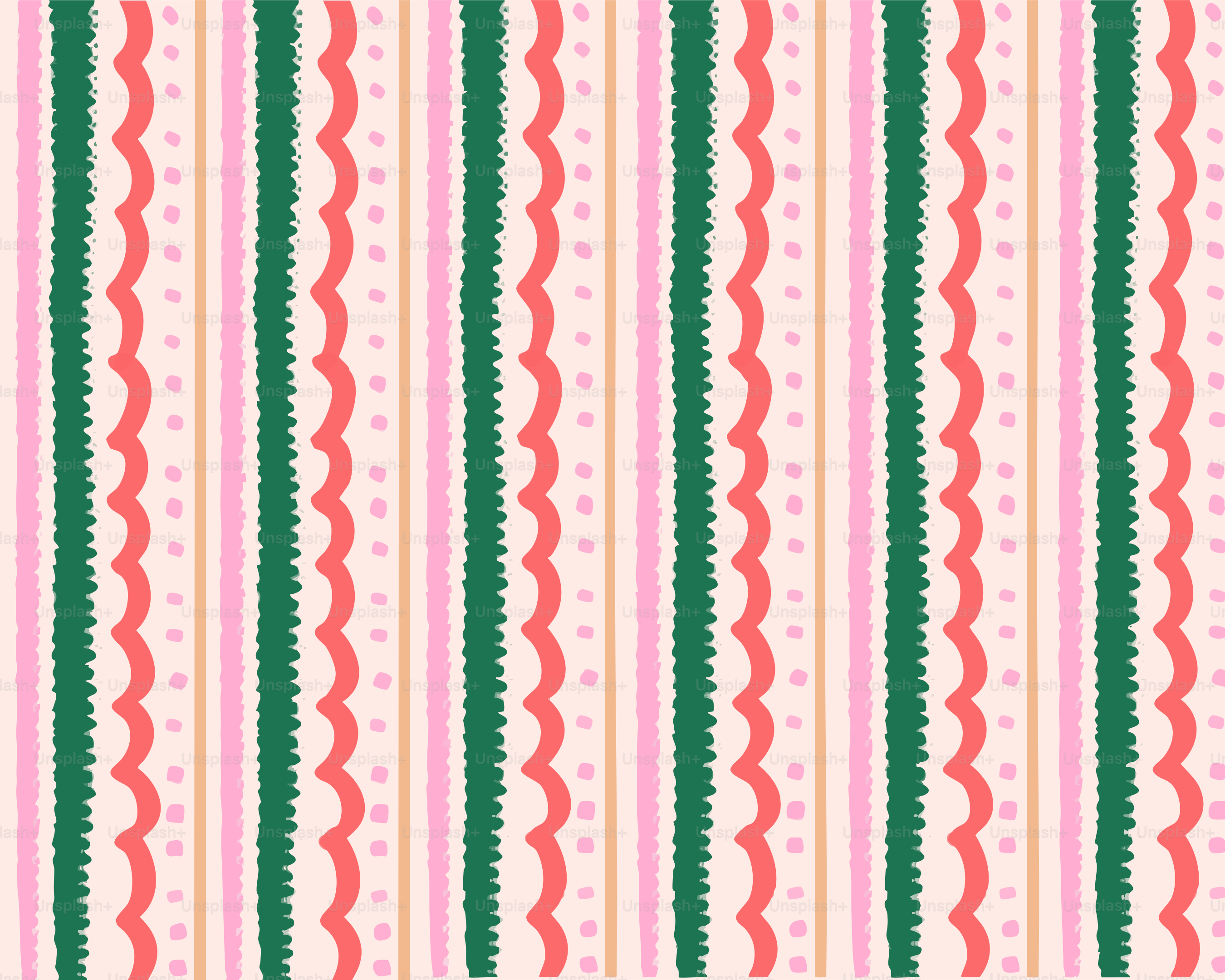 Stripes of pink, green, and coral with dots.