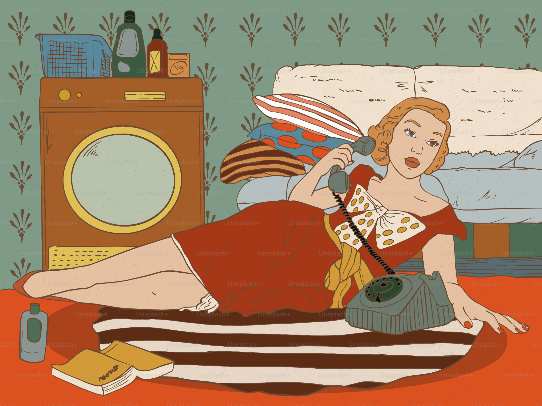 Woman on phone by washing machine with laundry