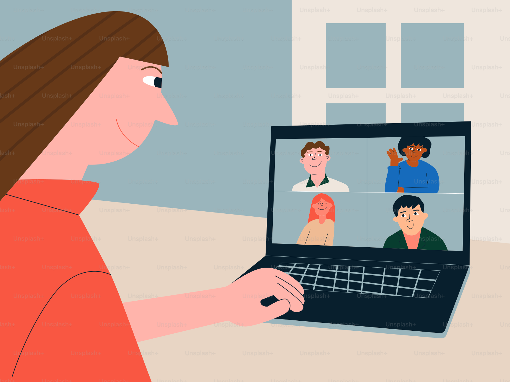 Woman on video call with four people