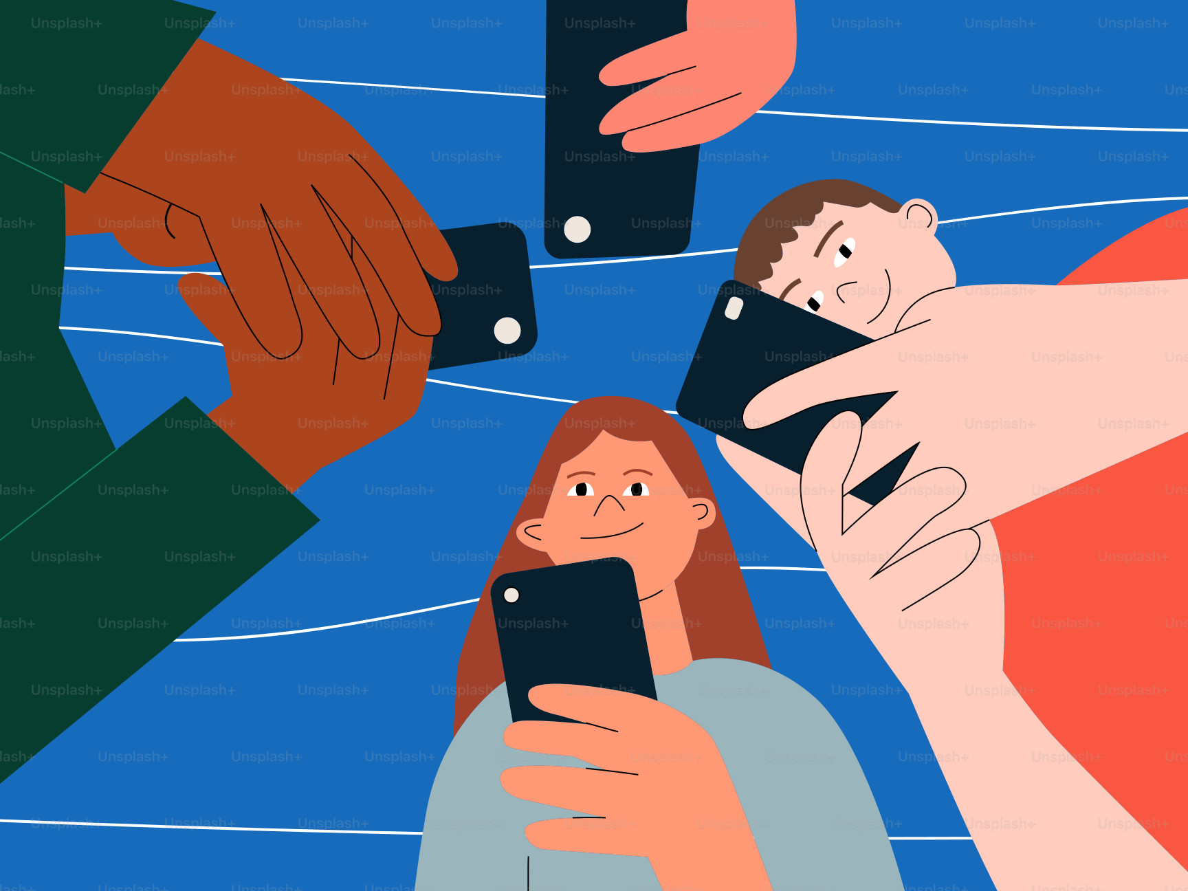 People holding smartphones in a circle