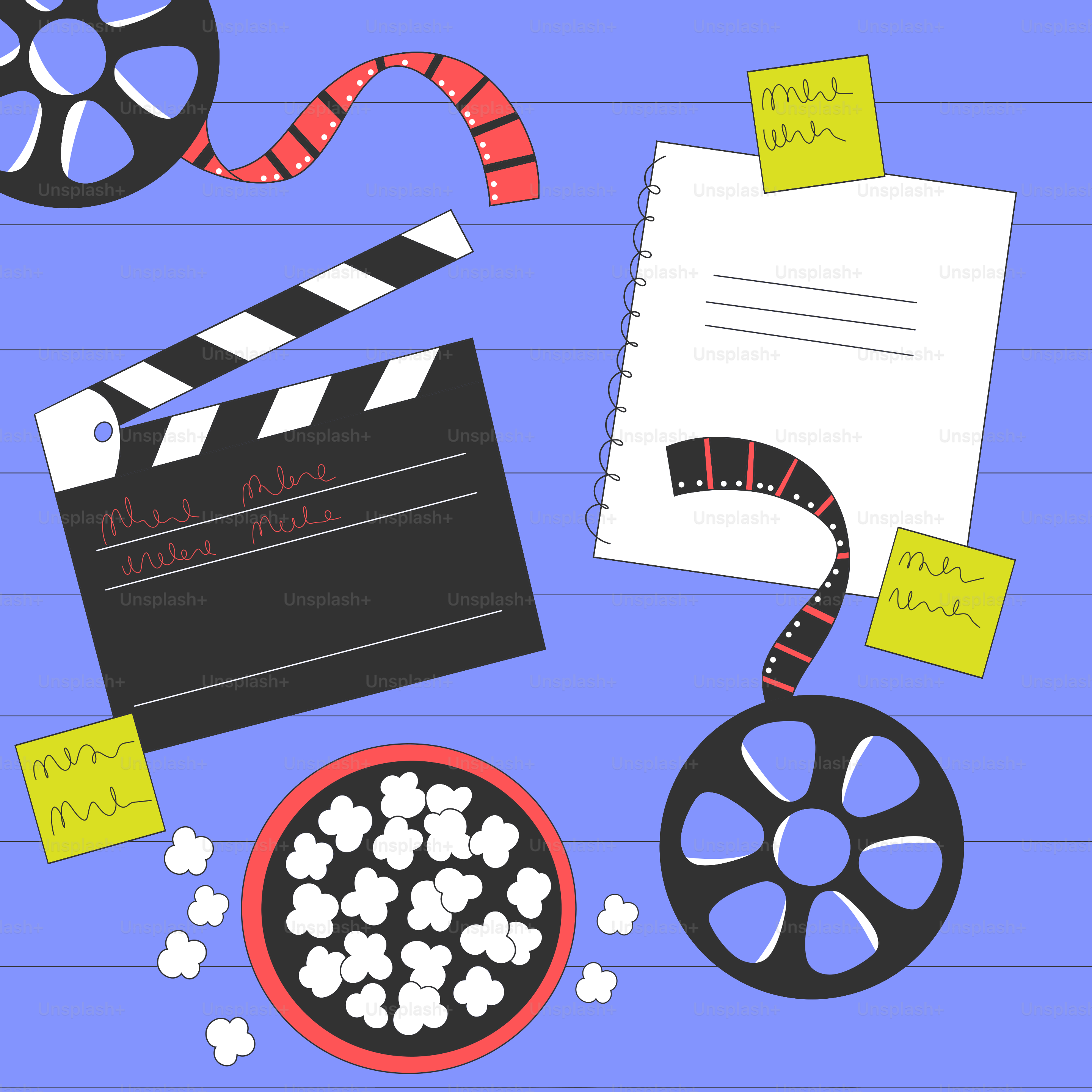 Filmmaking elements with popcorn and notes.