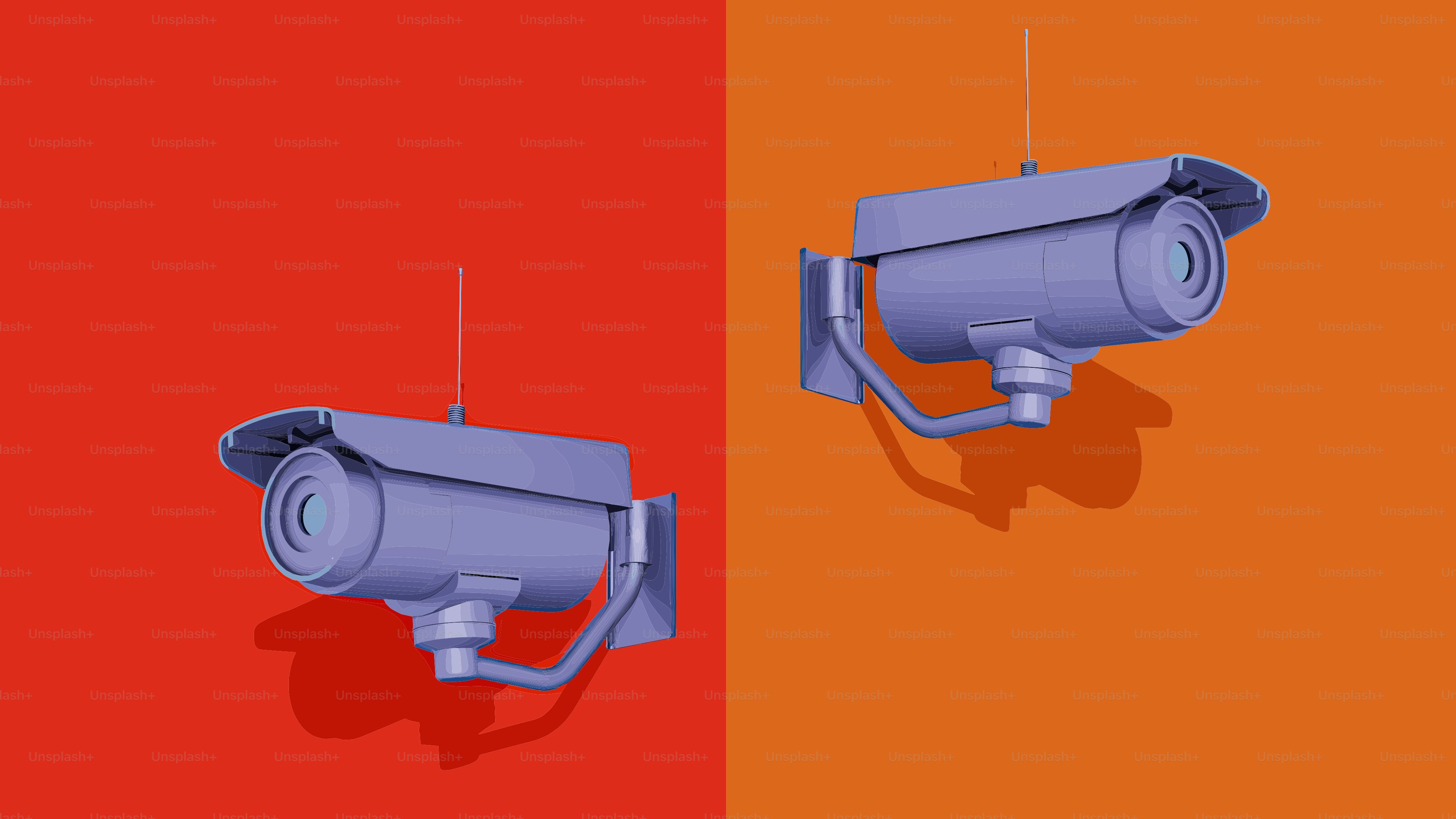 Two security cameras on a split background.