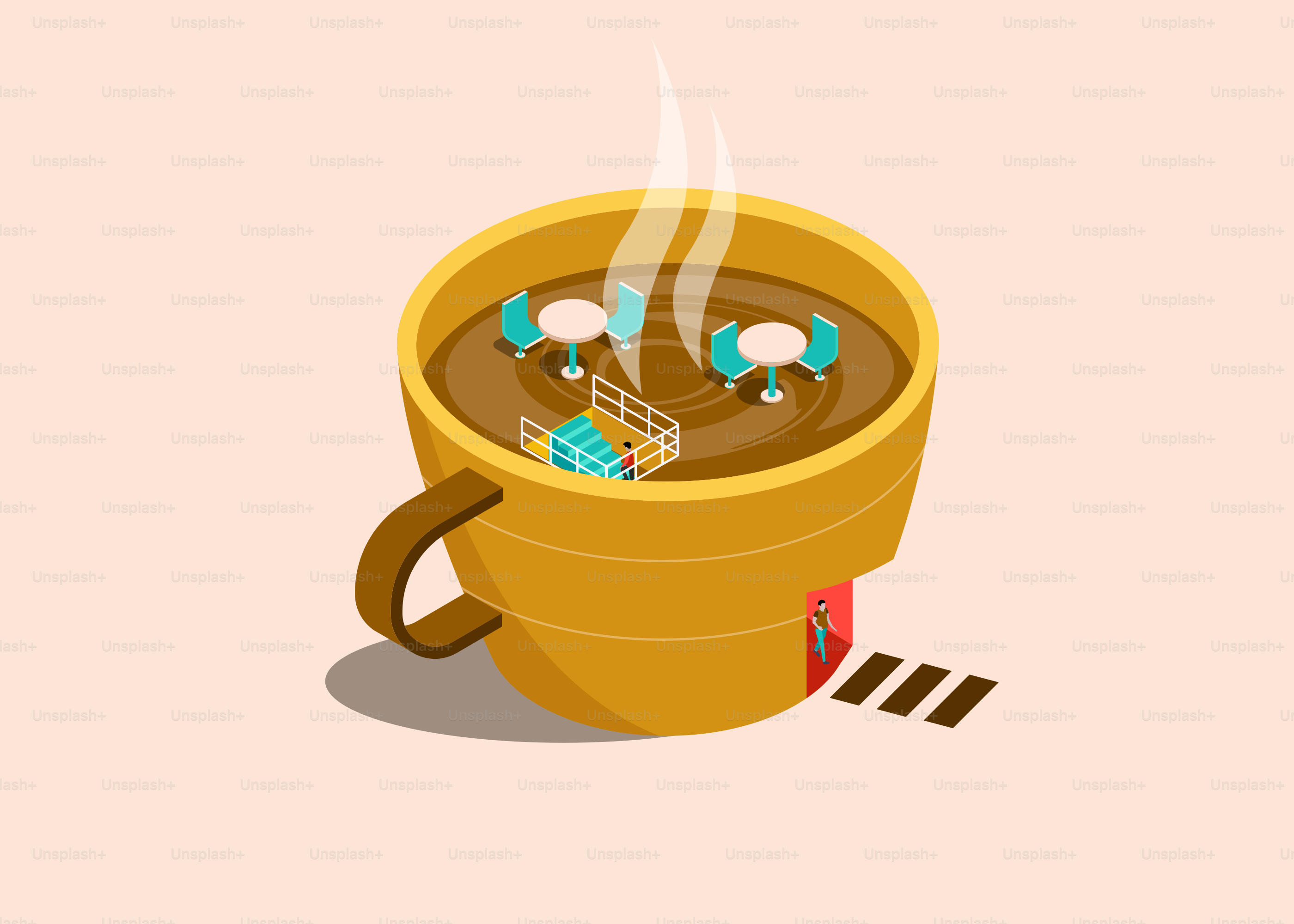 Isometric coffee cup cafe with tables and chairs