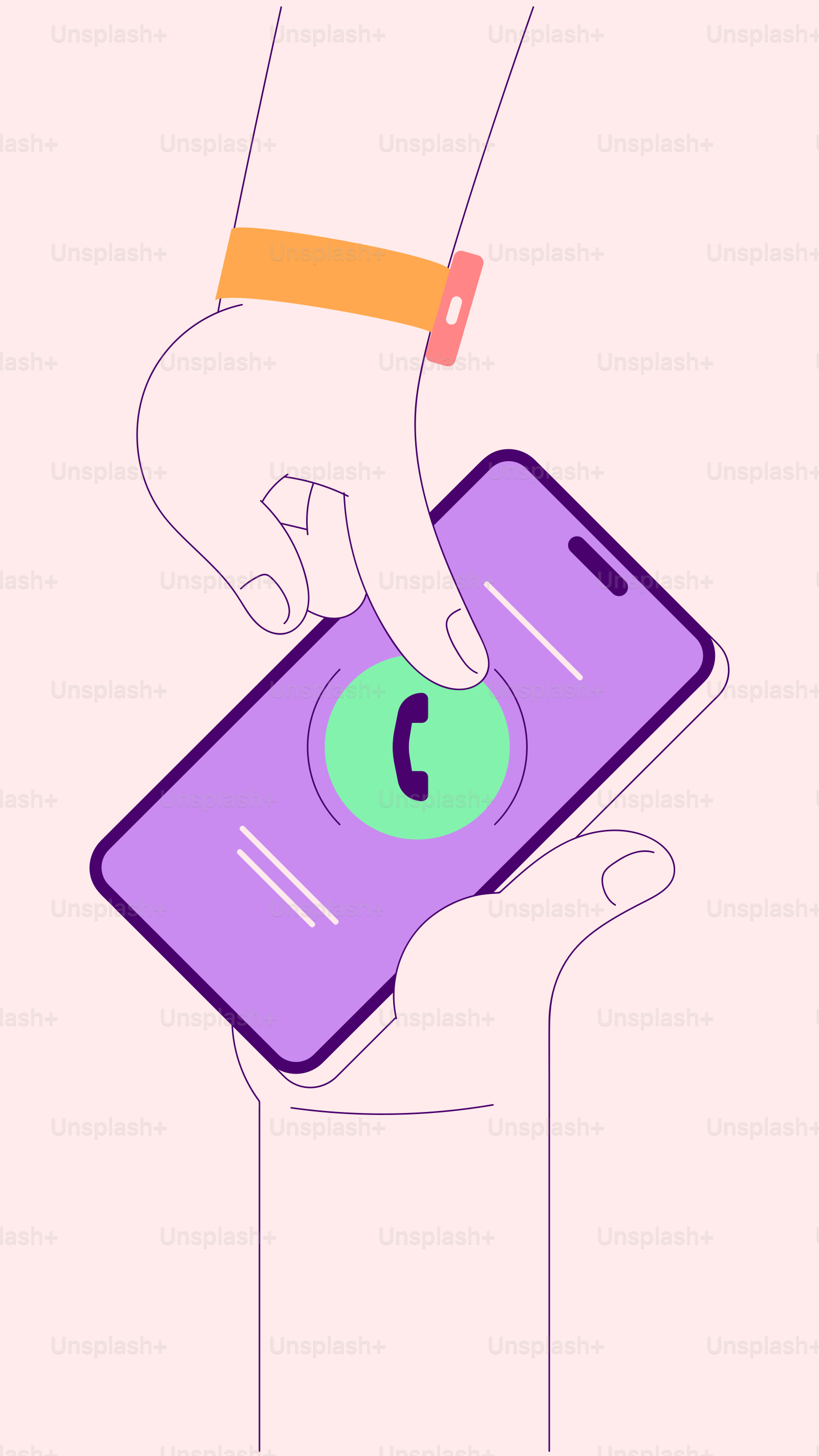 Hand wearing smartwatch touches phone screen calling icon.