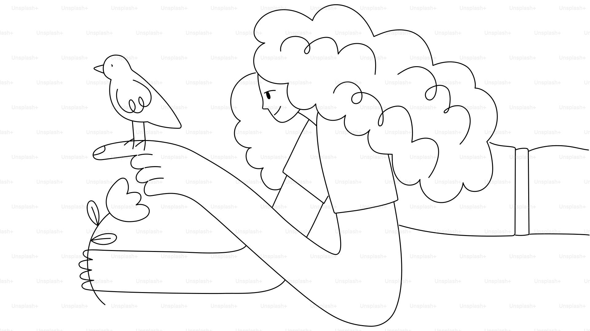 Donna con capelli ricci che tiene un uccello al dito.