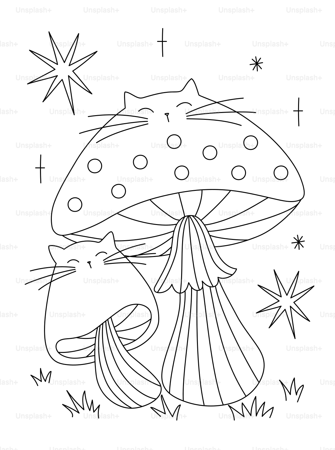 Due gatti con cappelli a funghi con stelle