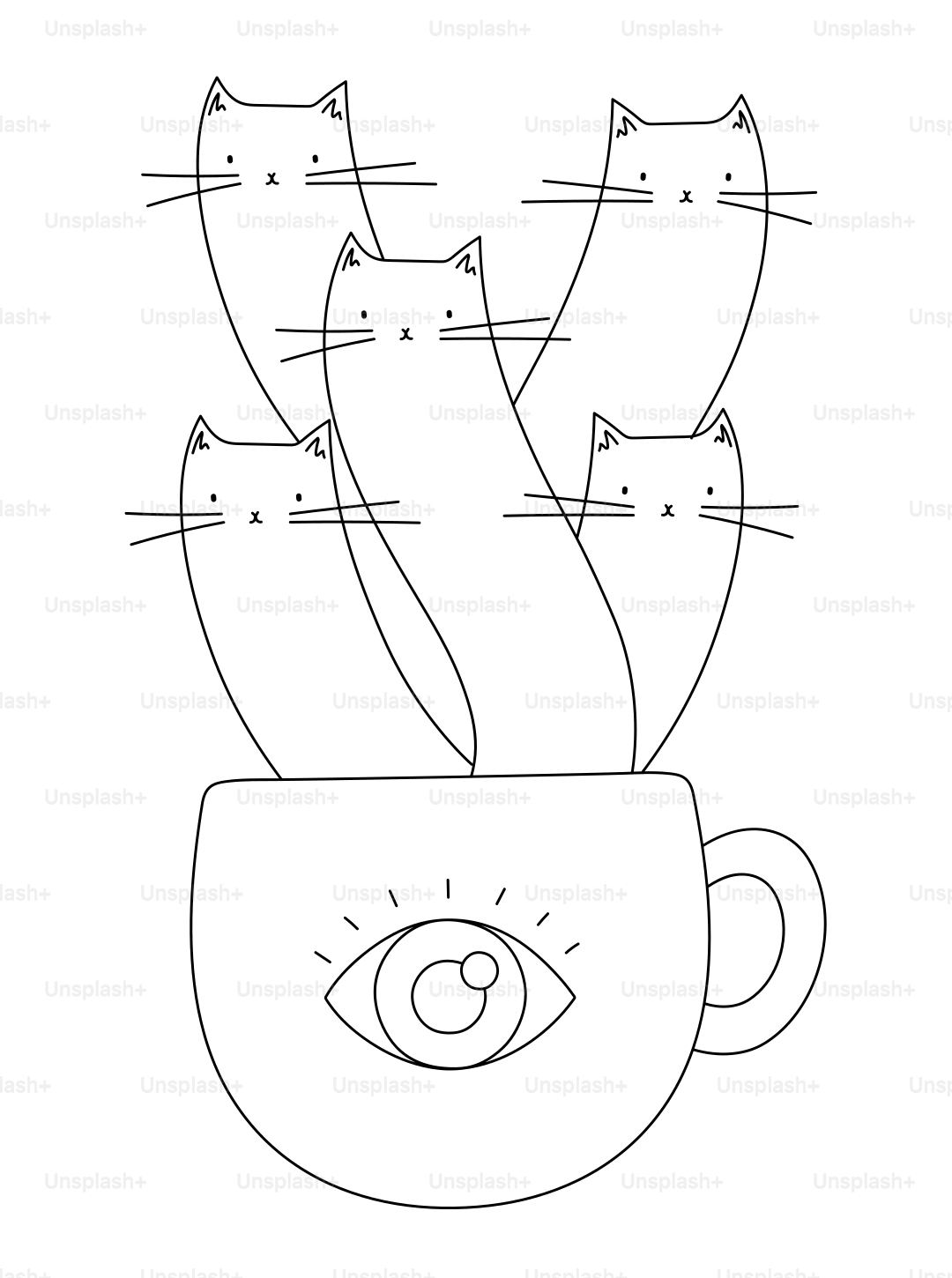 Five cats peeking out of a teacup.