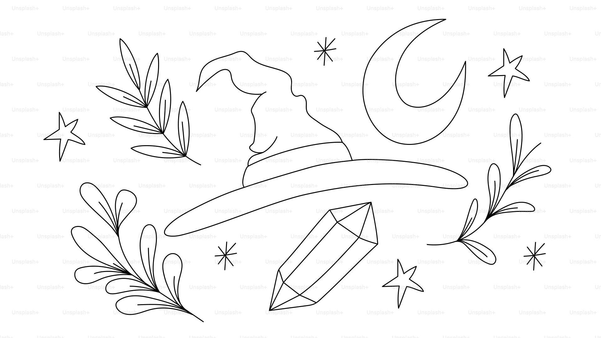 Illustrazione del cappello della strega, cristallo, luna e stelle