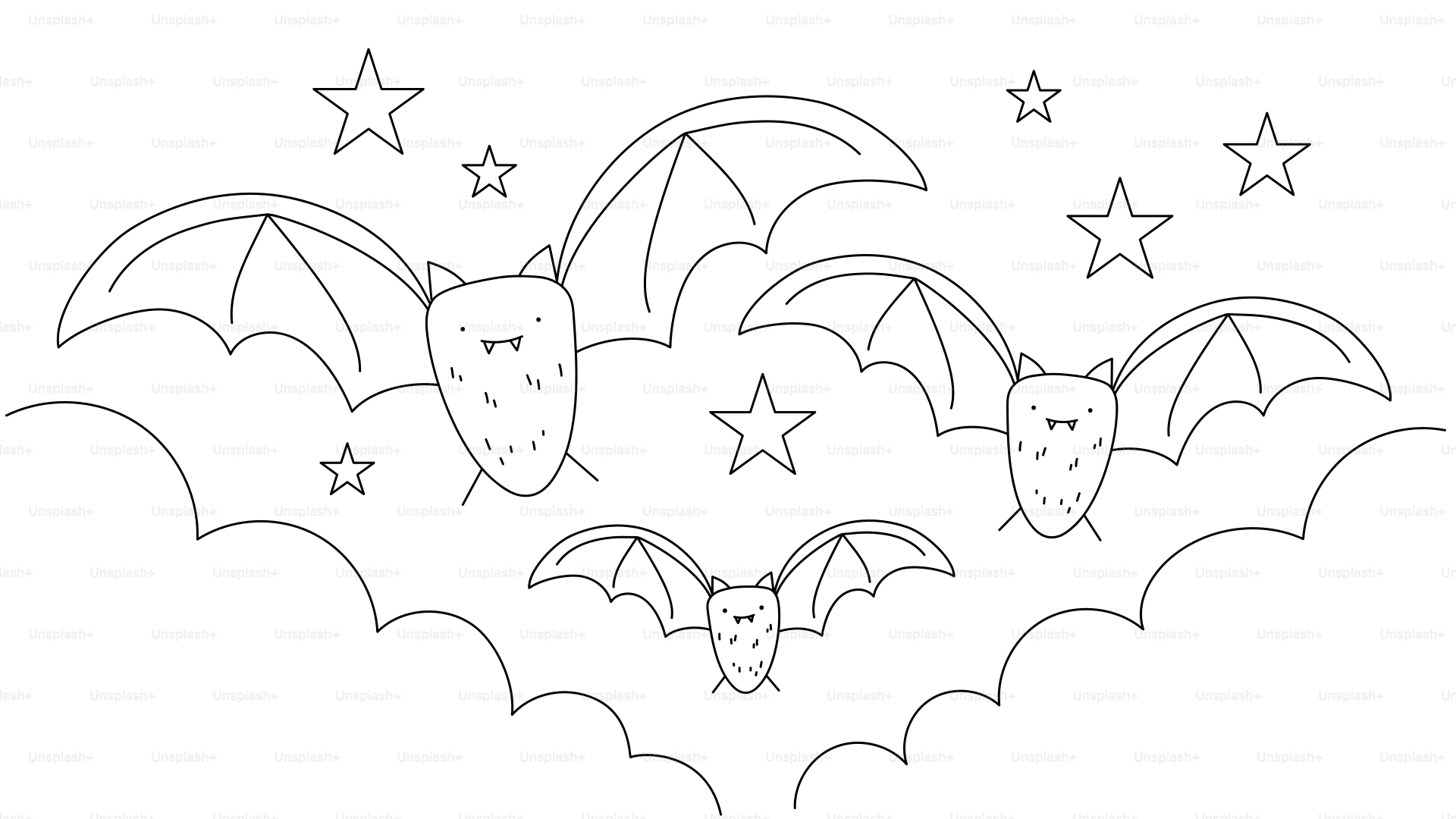 Tre pipistrelli dei cartoni animati che volano tra stelle e nuvole