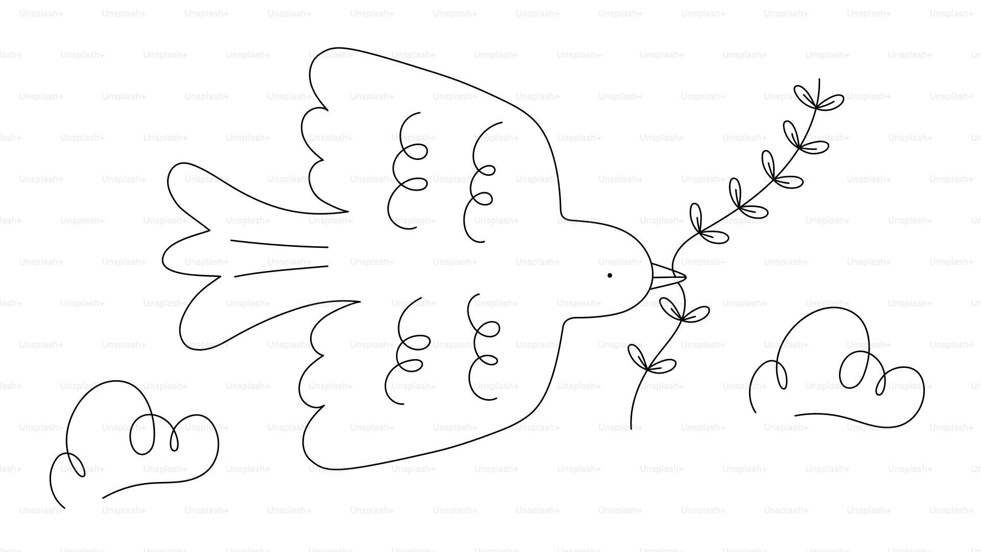 Disegno a linea di una colomba che porta un ramo con nuvole.