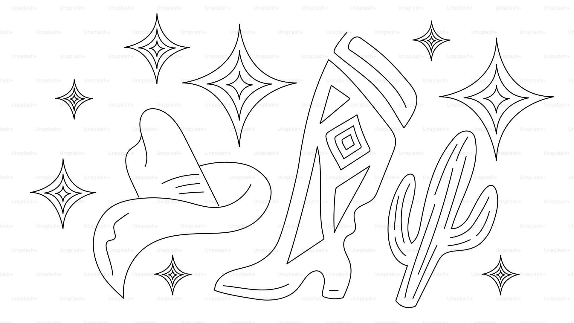 Cowboy boot, hat, cactus, and stars outline