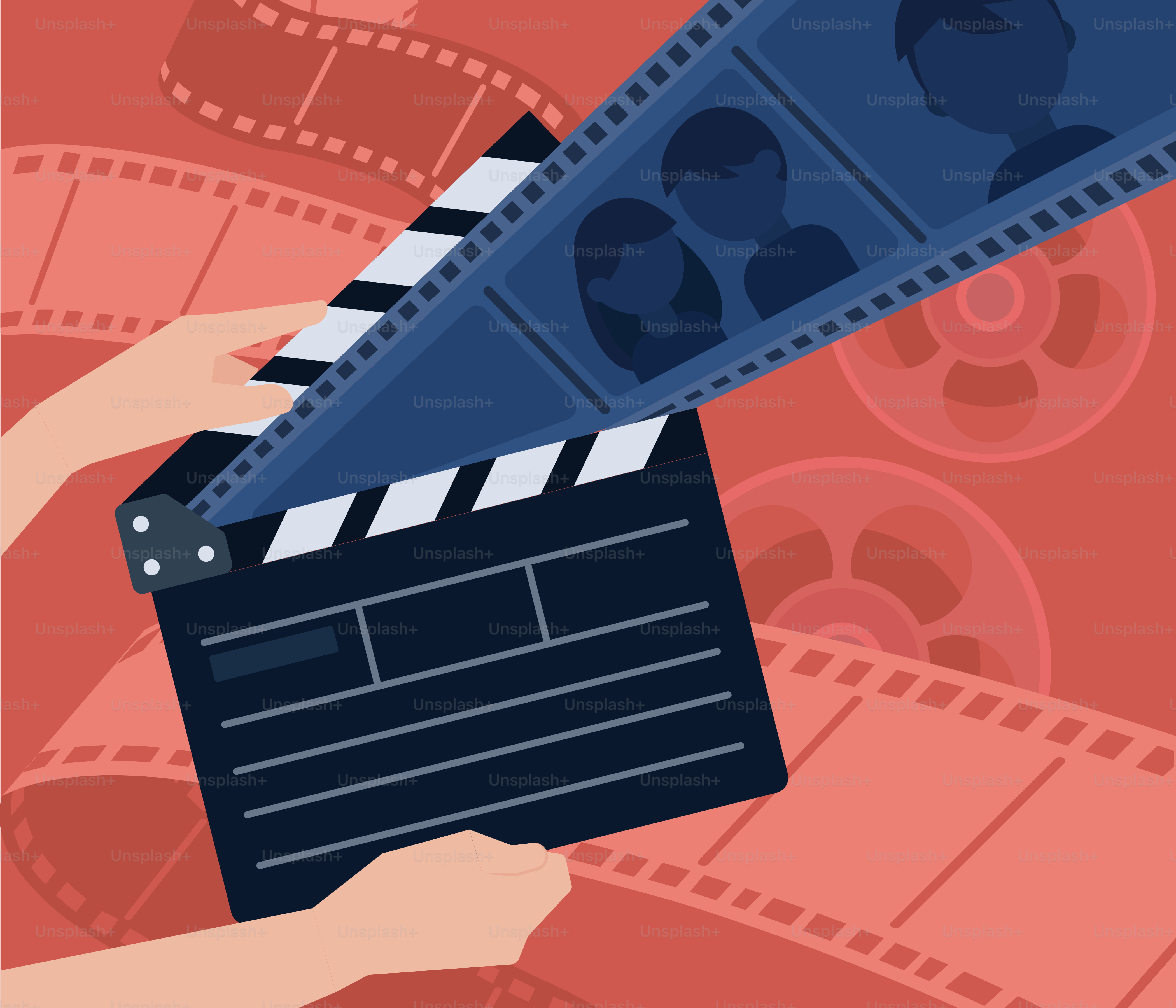 Hands holding a film clapperboard with movie reel background