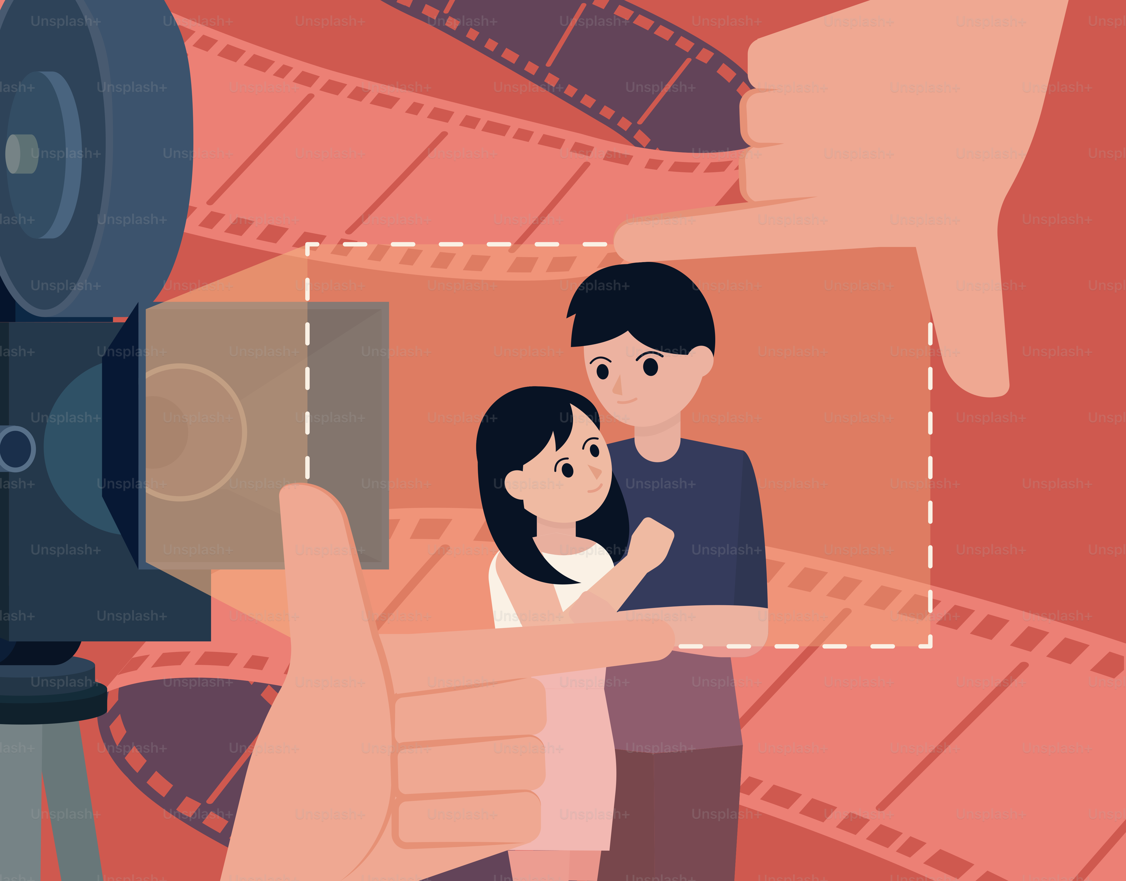 Couple embracing in front of a vintage film camera.