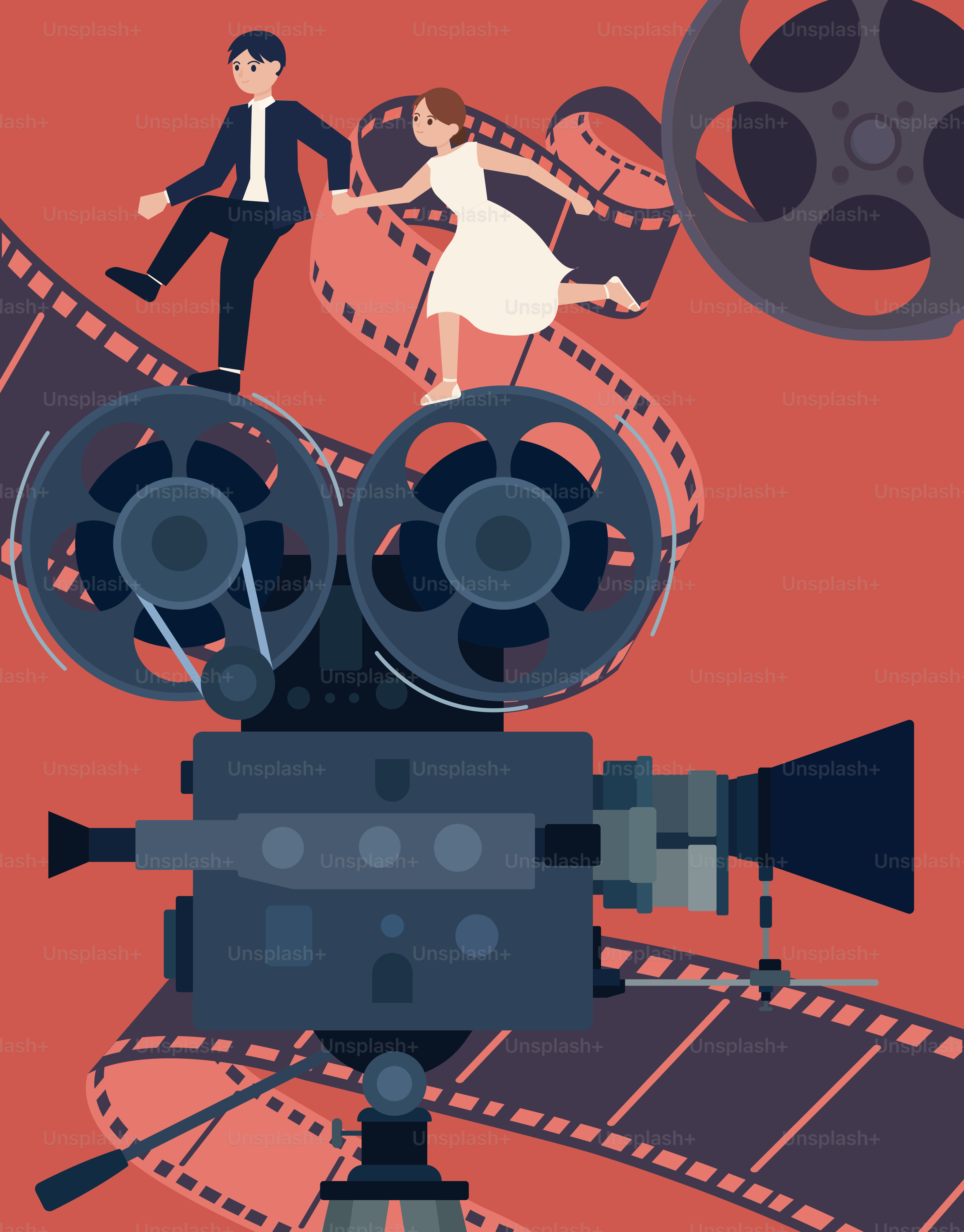 Couple dancing atop vintage film camera with film reels