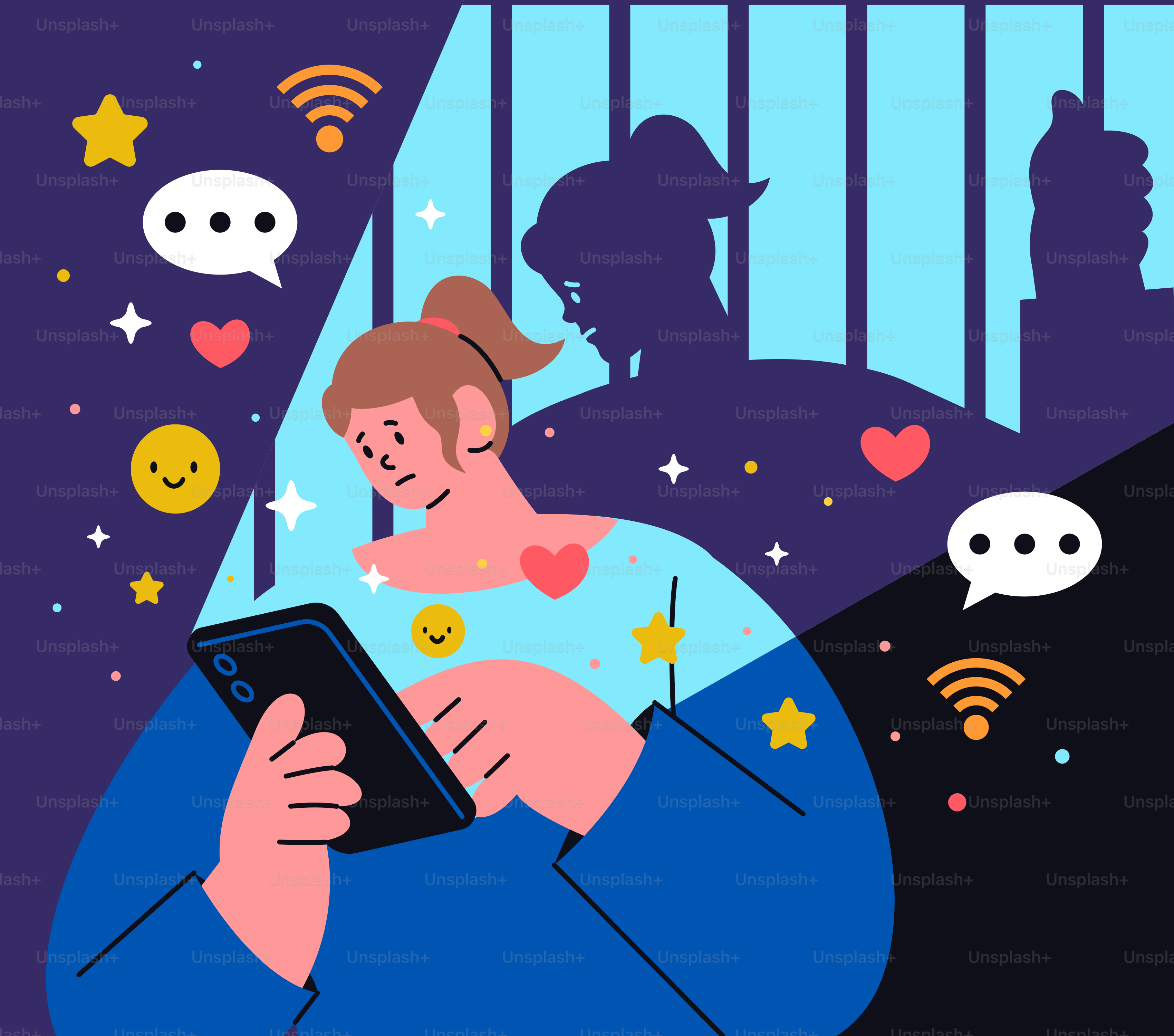 Donna assorta nel suo smartphone con le icone dei social media.