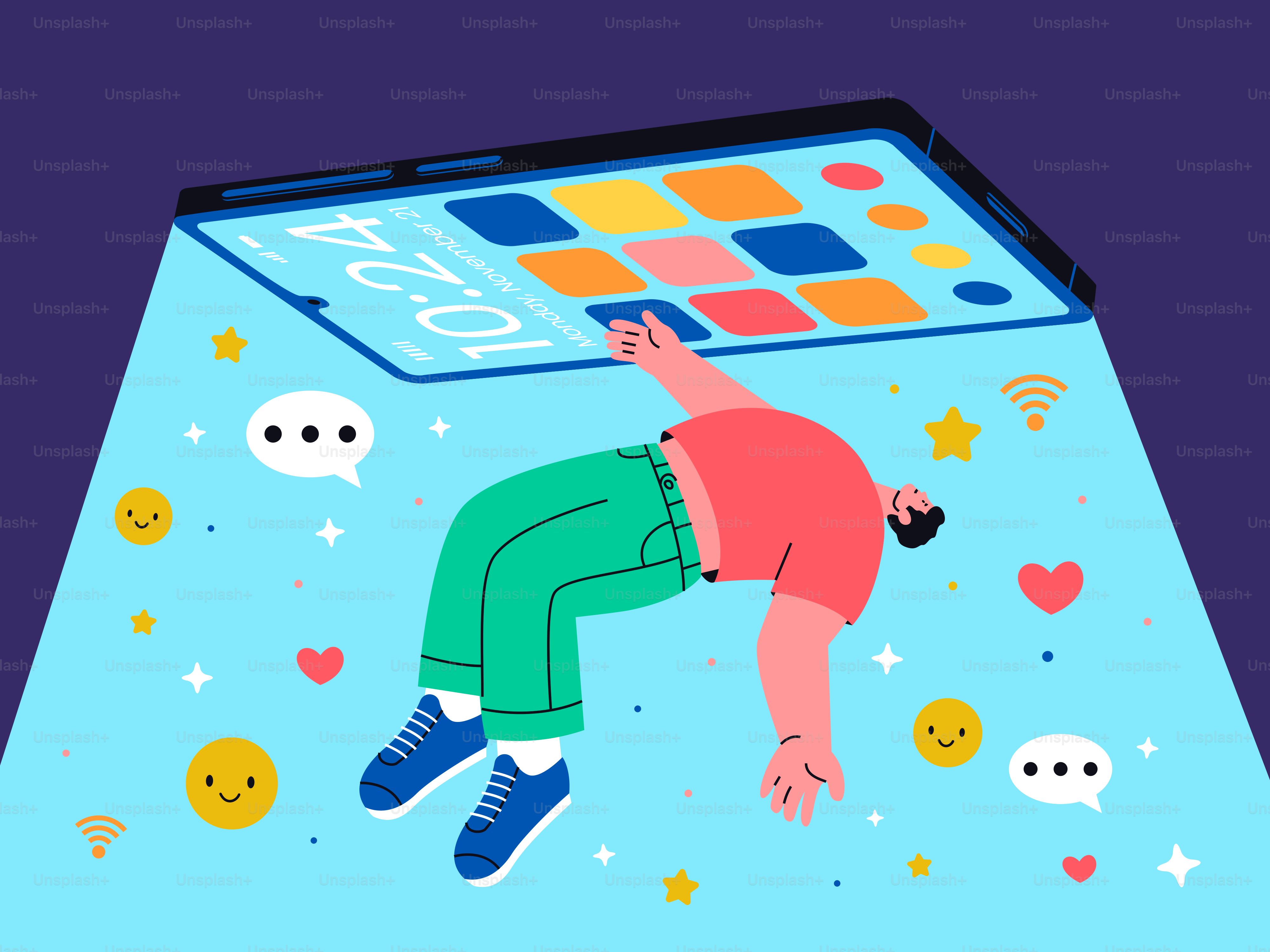 Persona che cade sullo schermo di uno smartphone con icone.