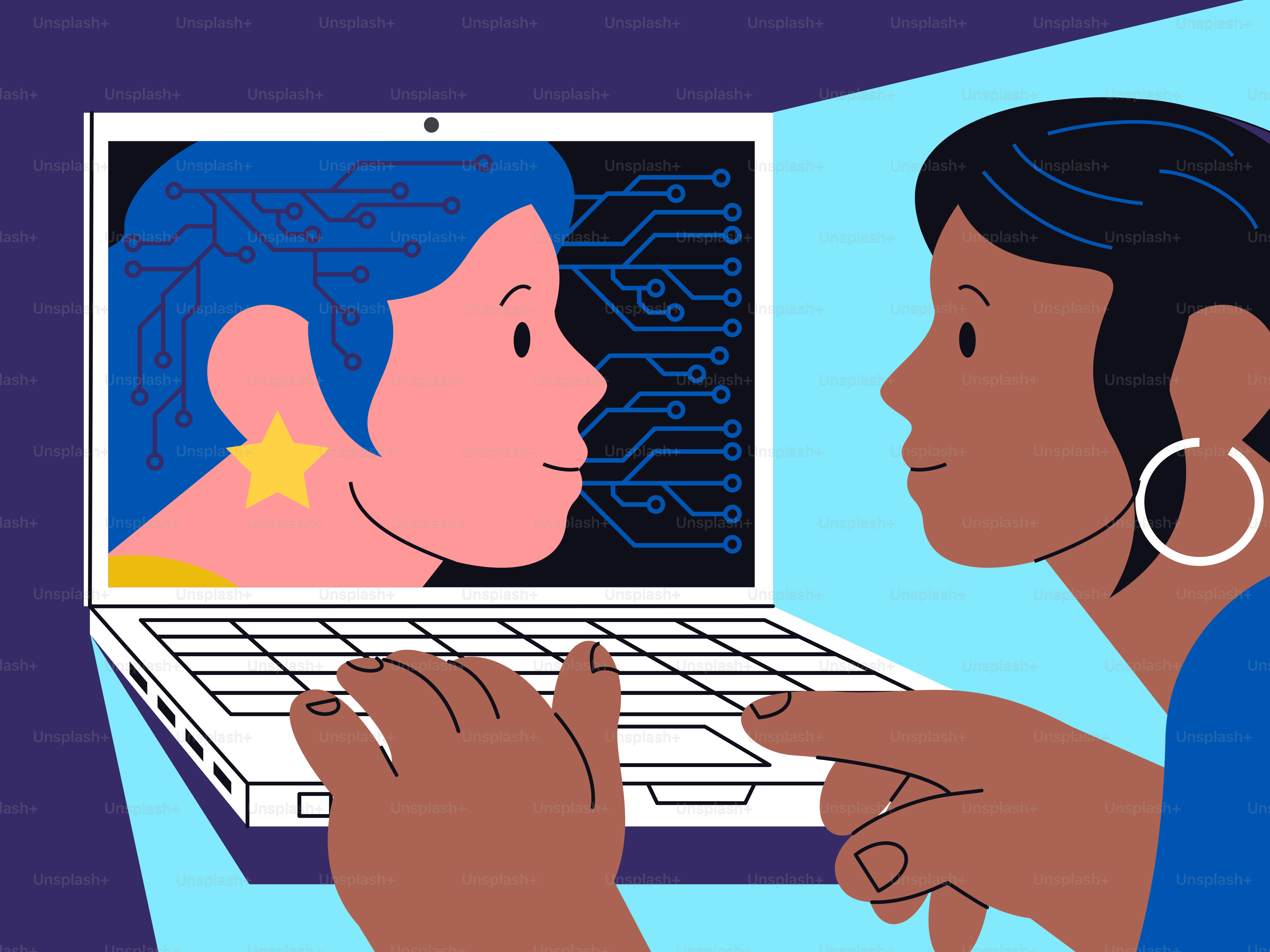 Two people interacting via a laptop screen with digital graphics.