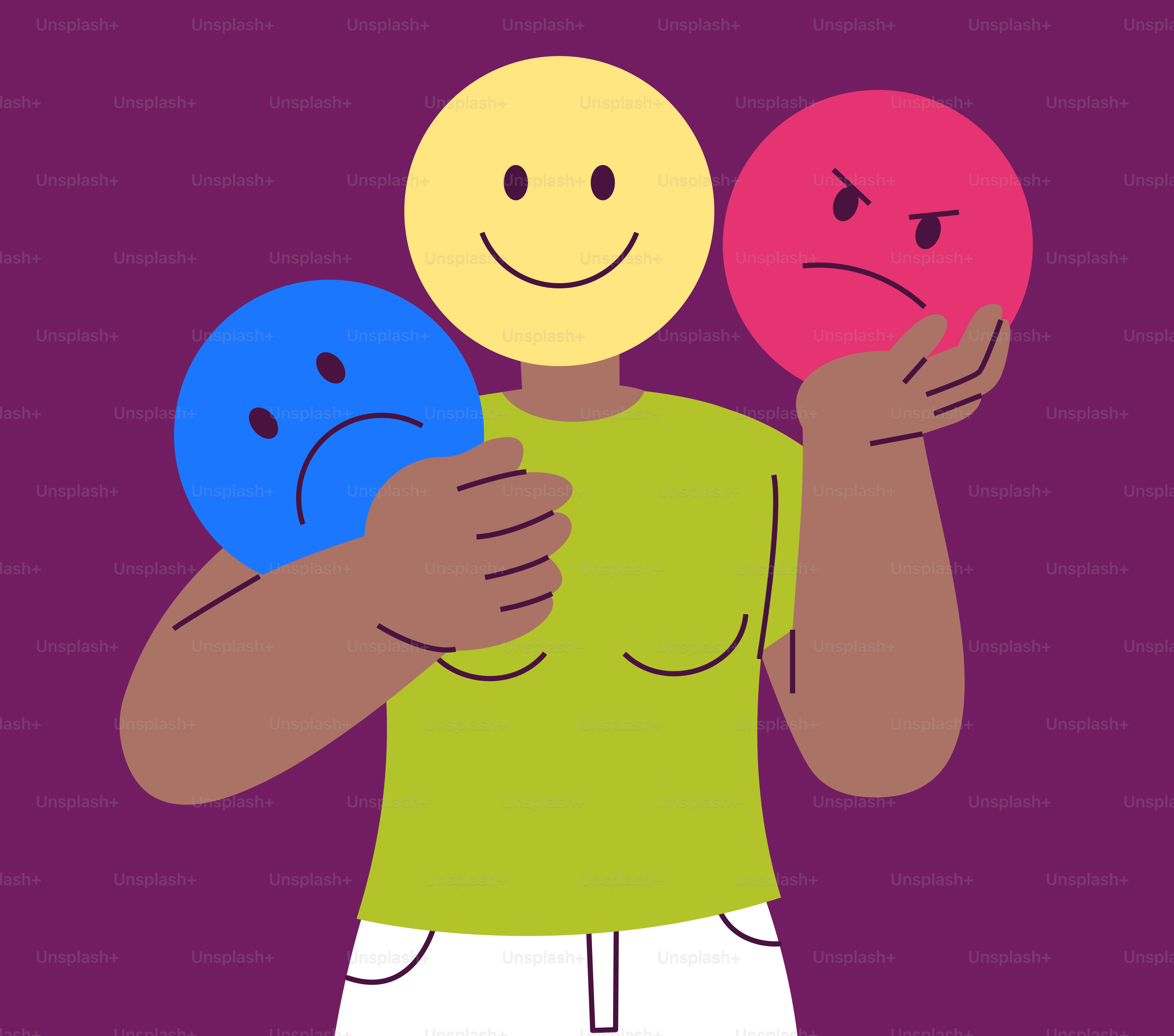 Person holding three emotion masks: happy, sad, angry.