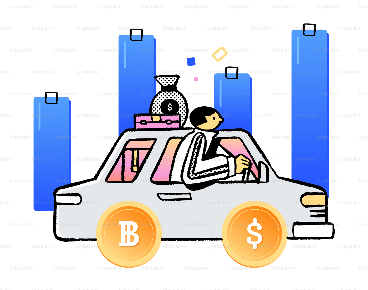 Man drives car with money bags and bitcoin wheels