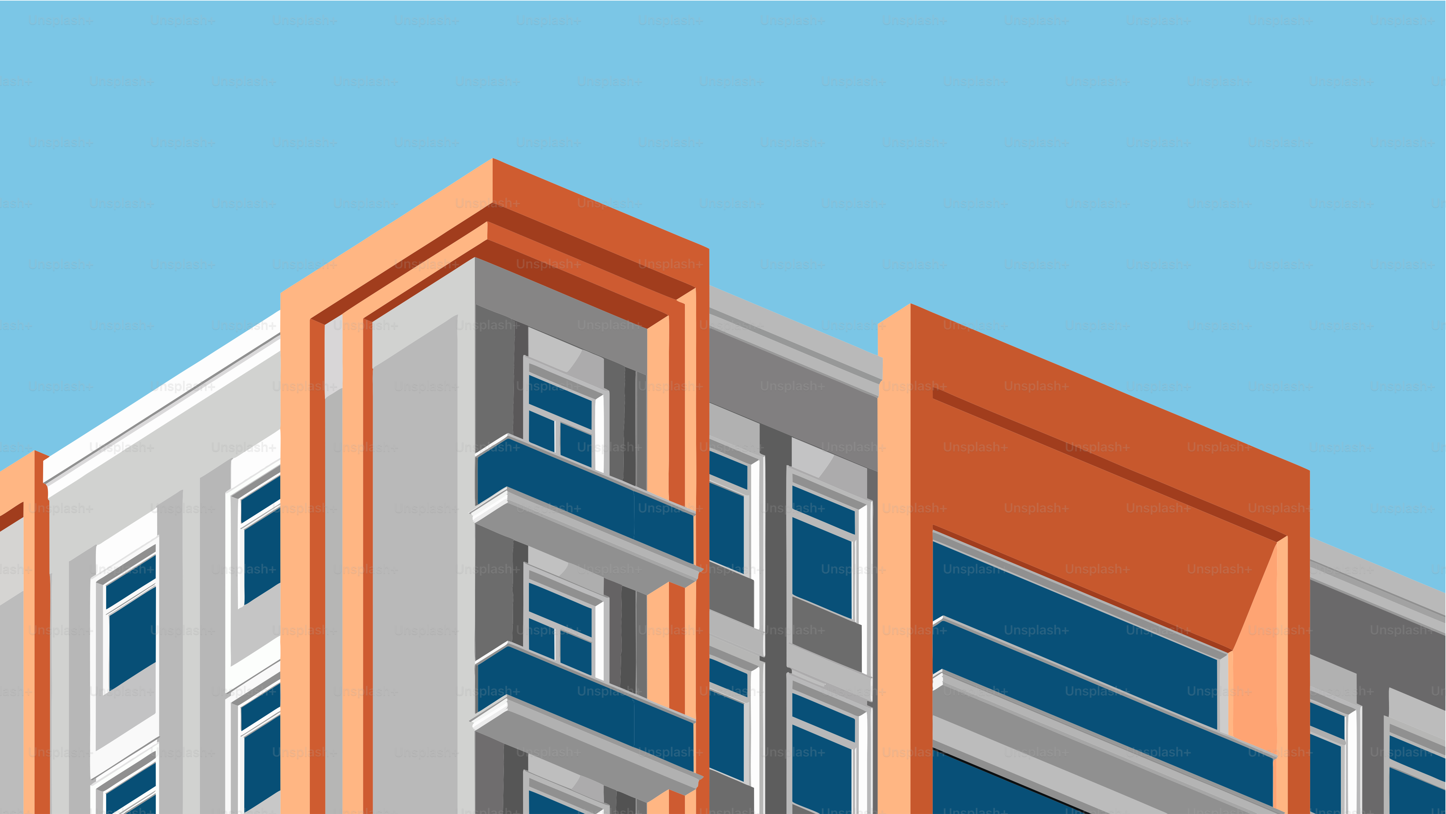 Modernes Gebäude mit orangefarbenen Akzenten vor blauem Himmel