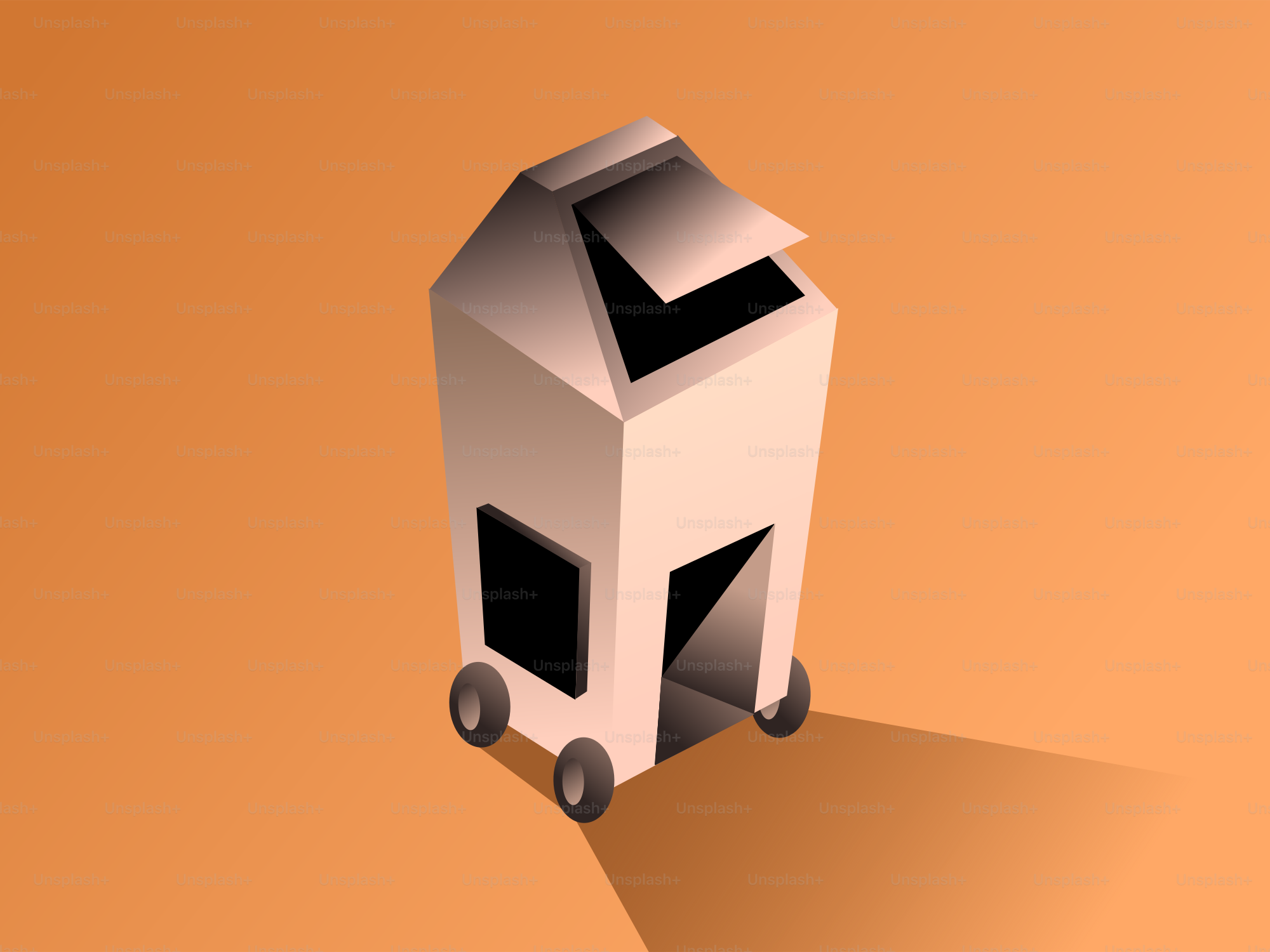 A stylized house on wheels with a pitched roof.