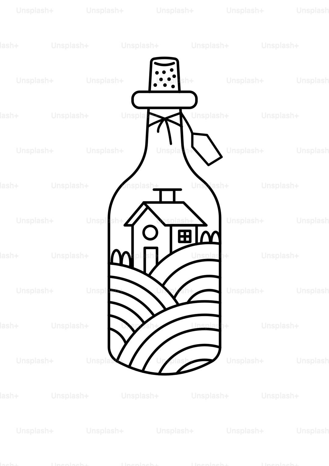 A bottle contains a miniature house on rolling hills.