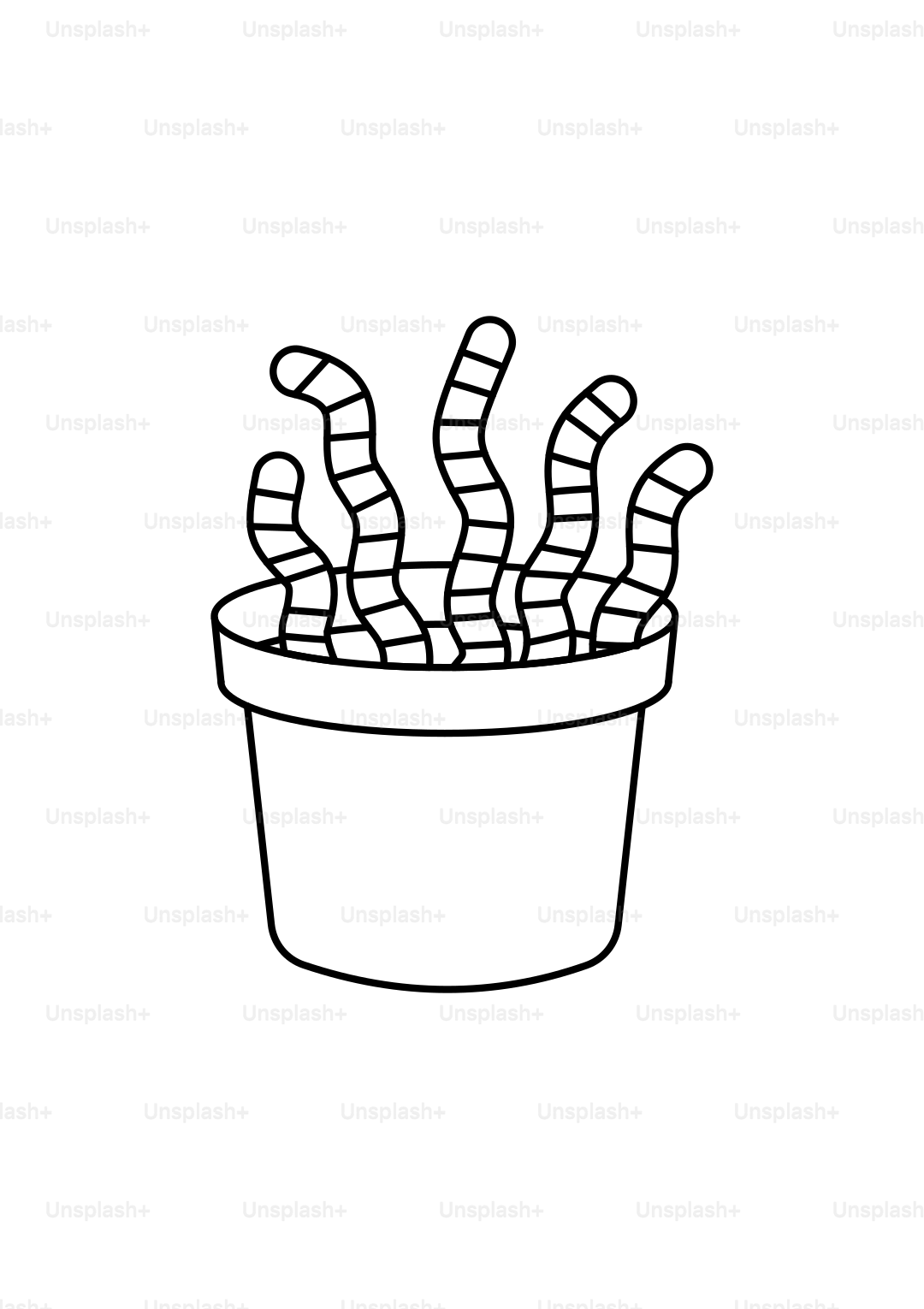 Striped worms emerging from a potted plant.