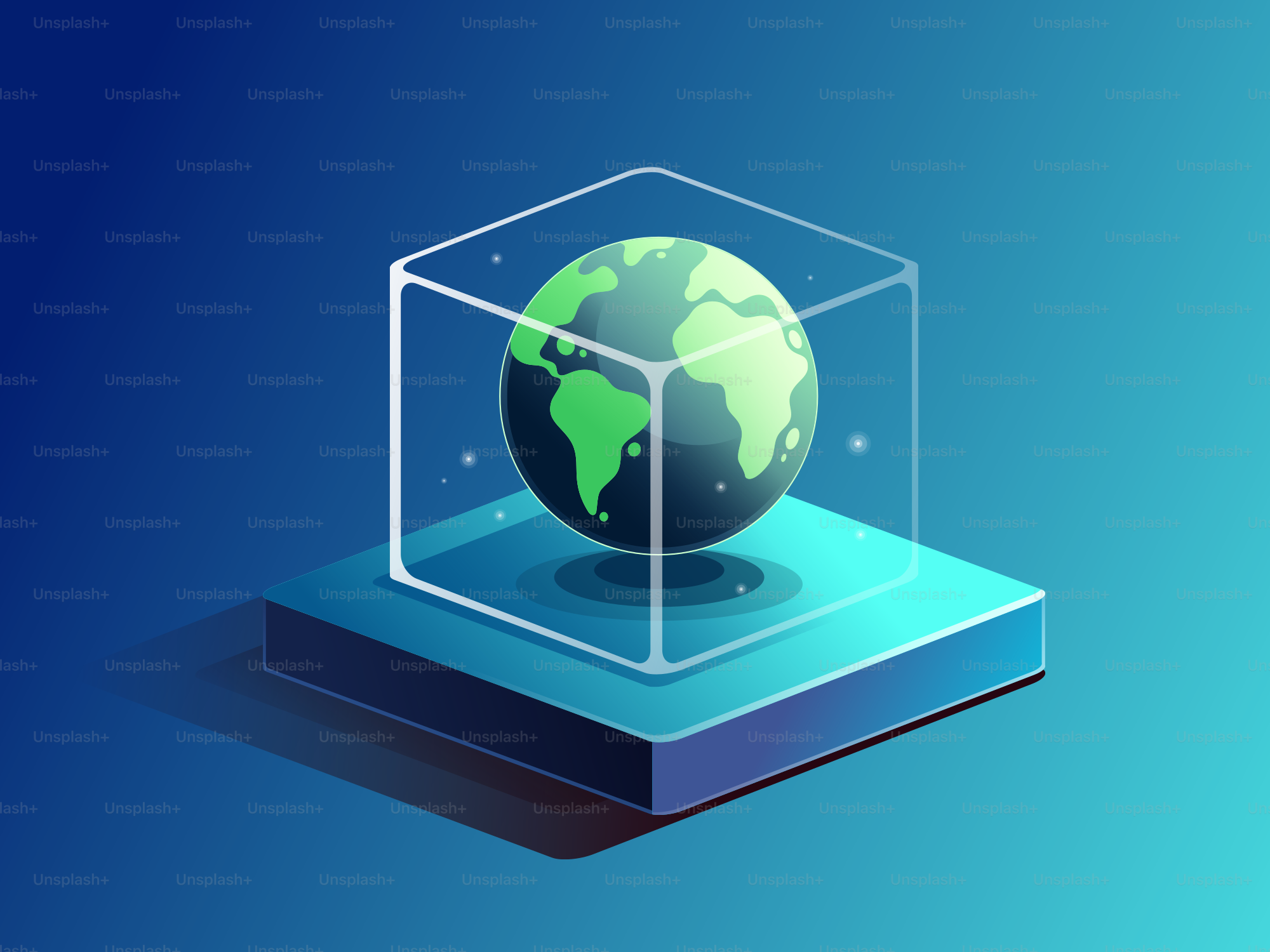 A glowing globe inside a glass cube