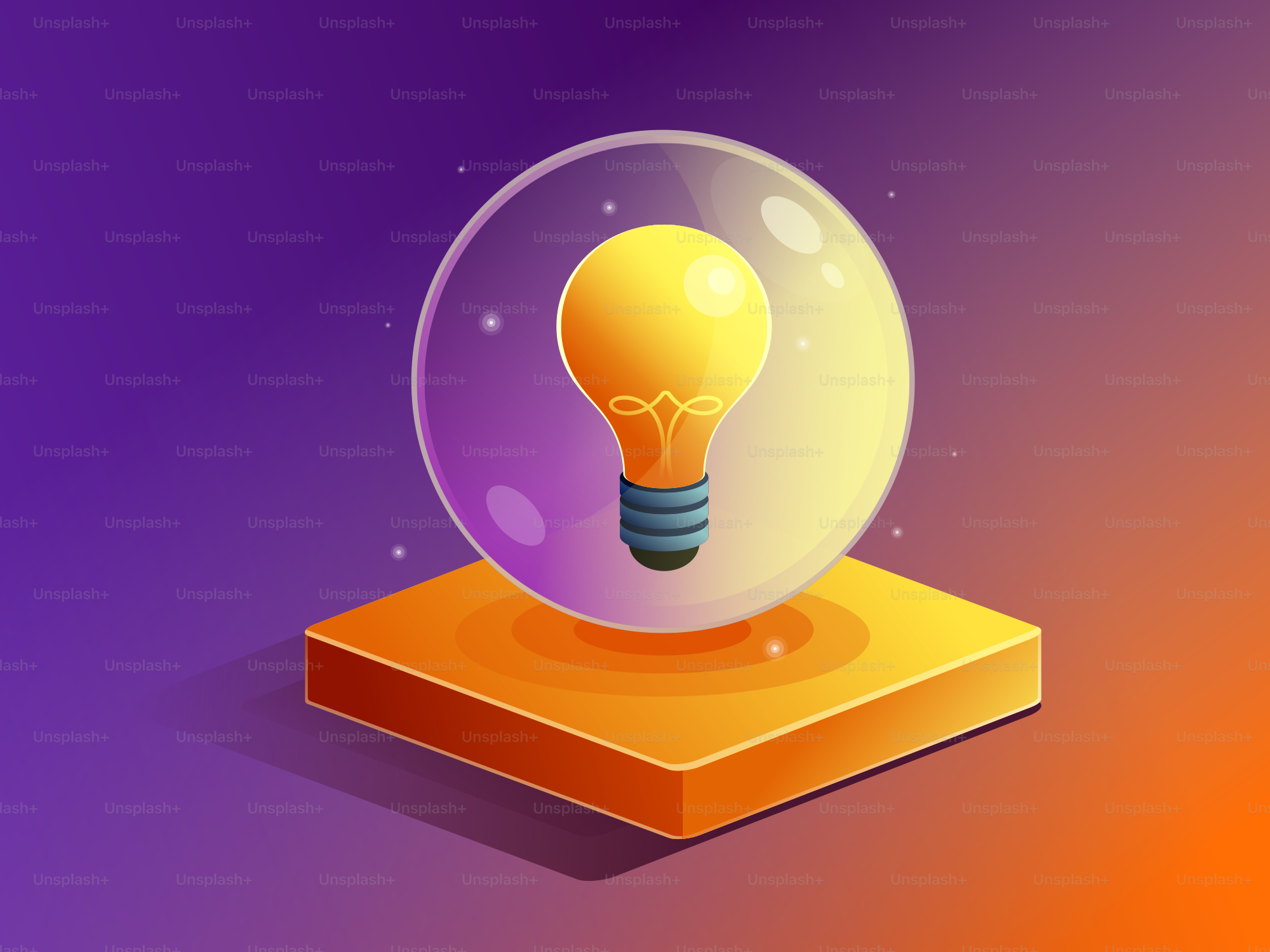 Glowing lightbulb inside a glass sphere on a platform.