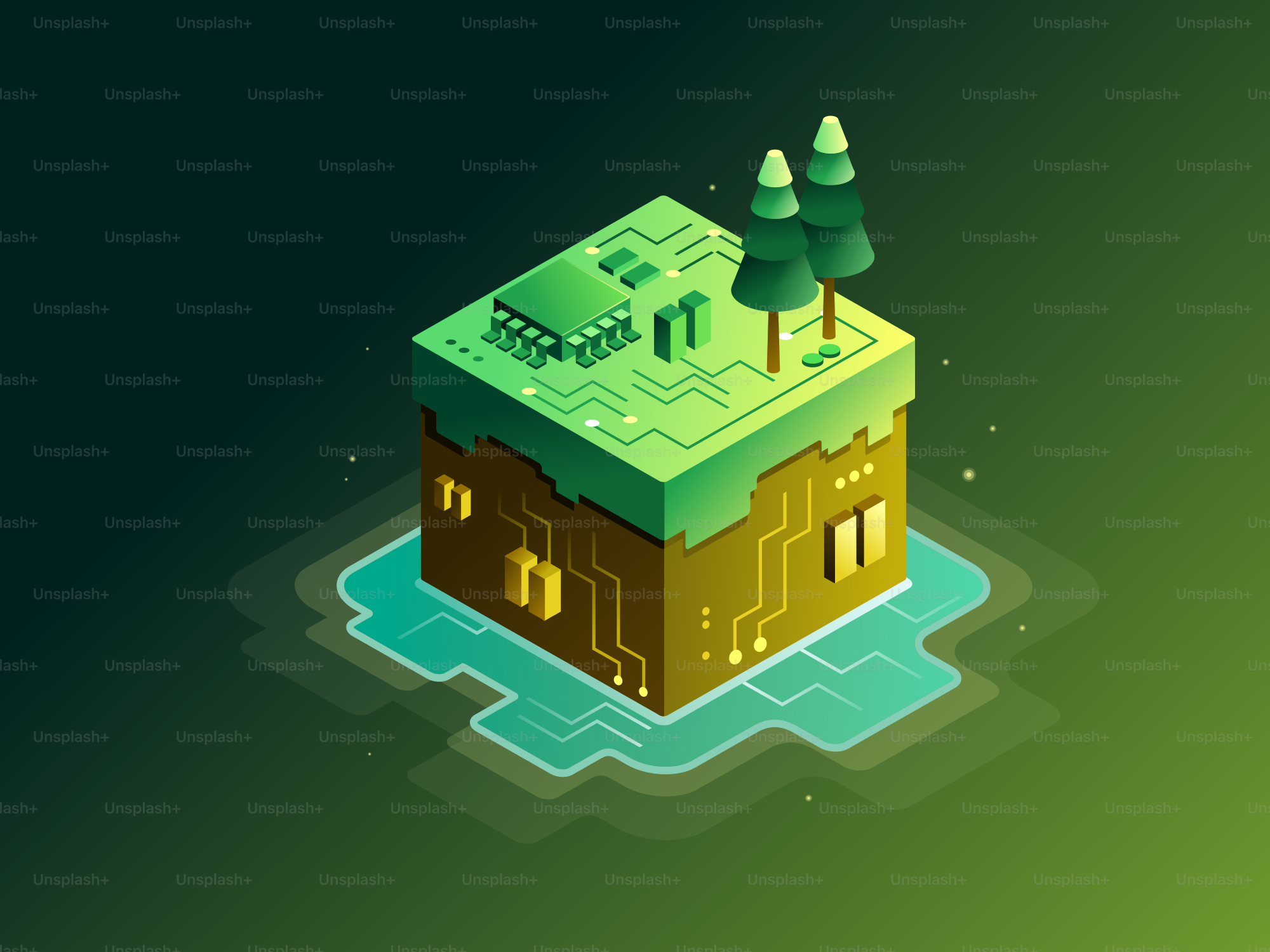 A blocky island with trees and circuits