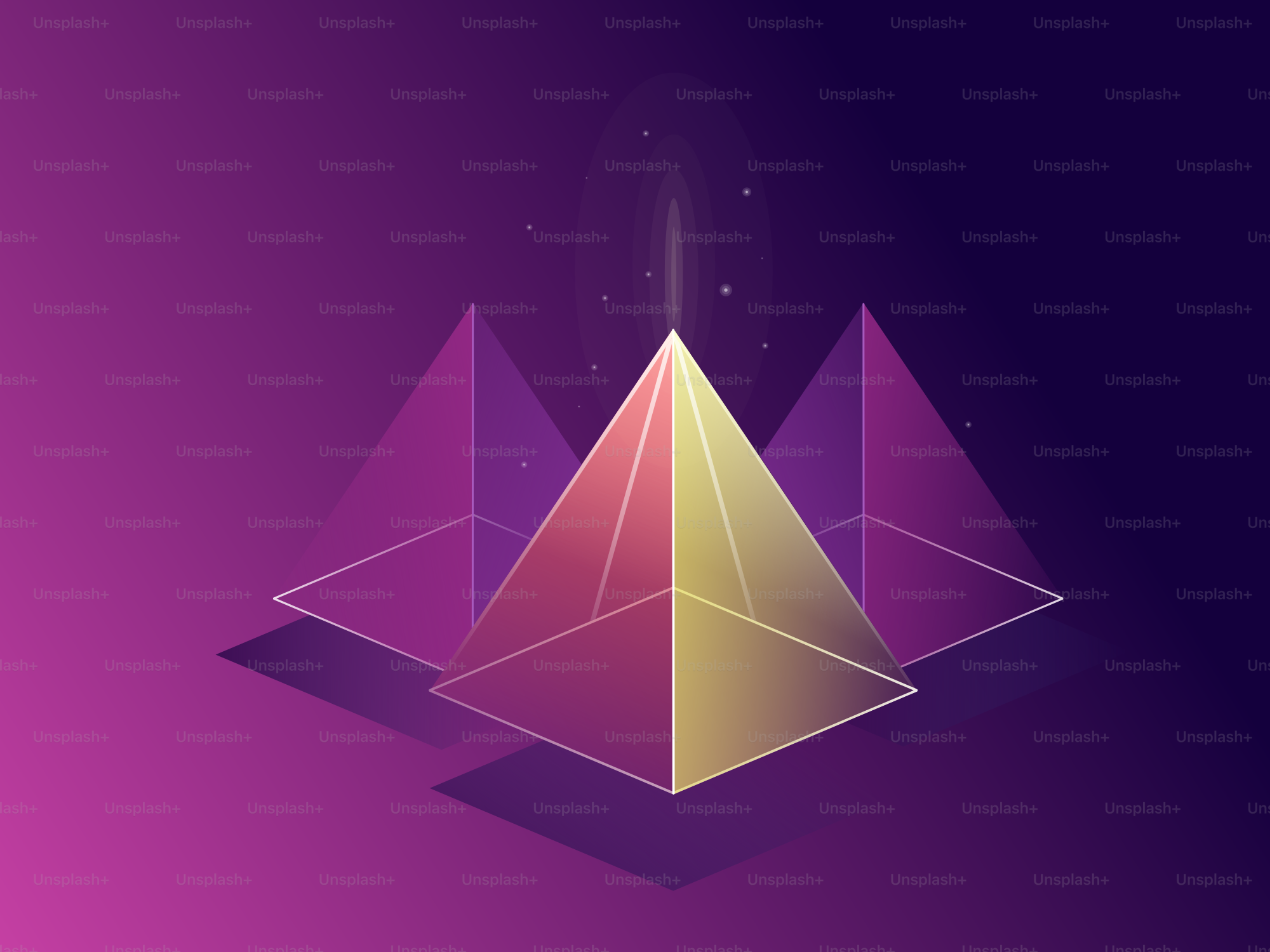 Three geometric pyramids on purple background