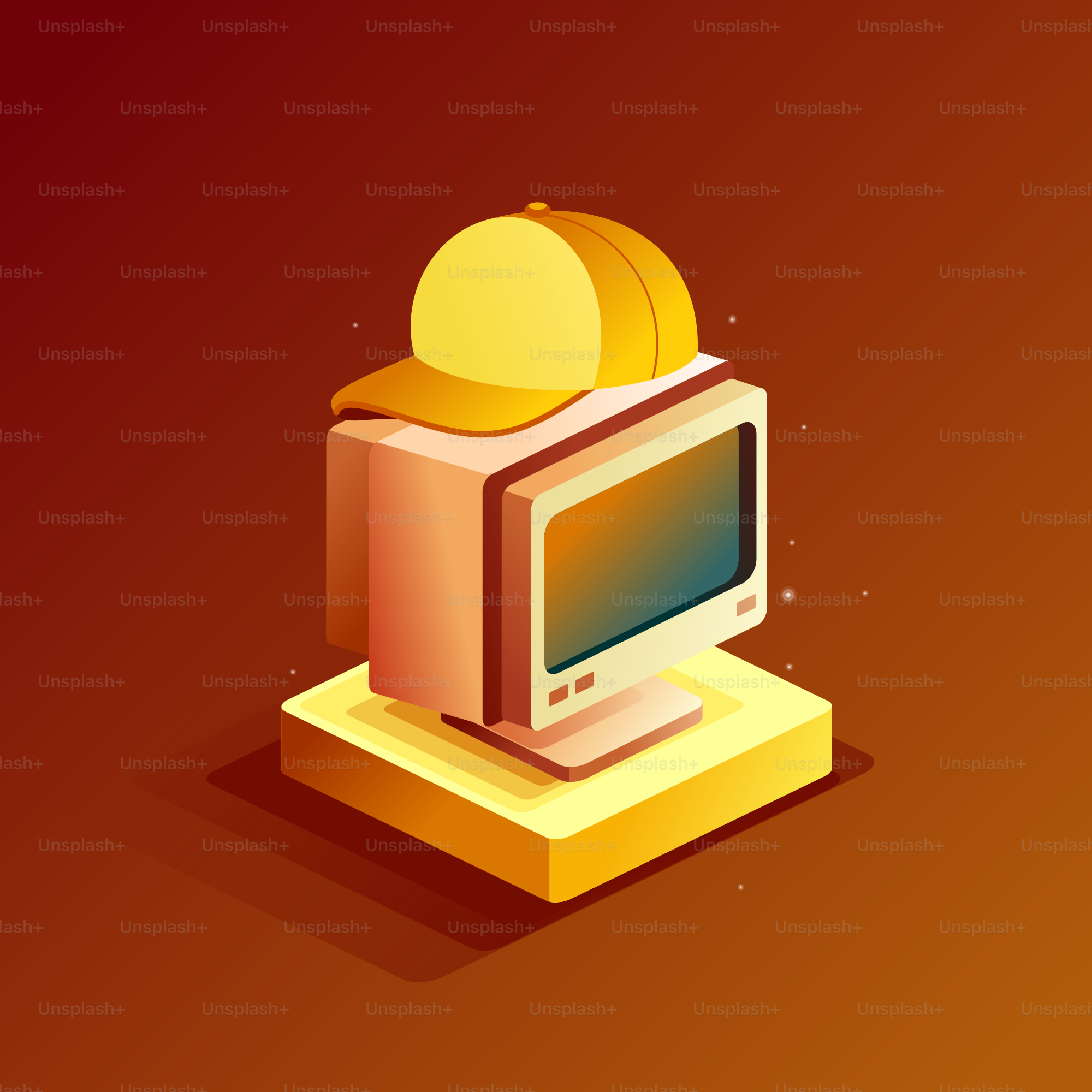 Vintage computer wearing a yellow baseball cap