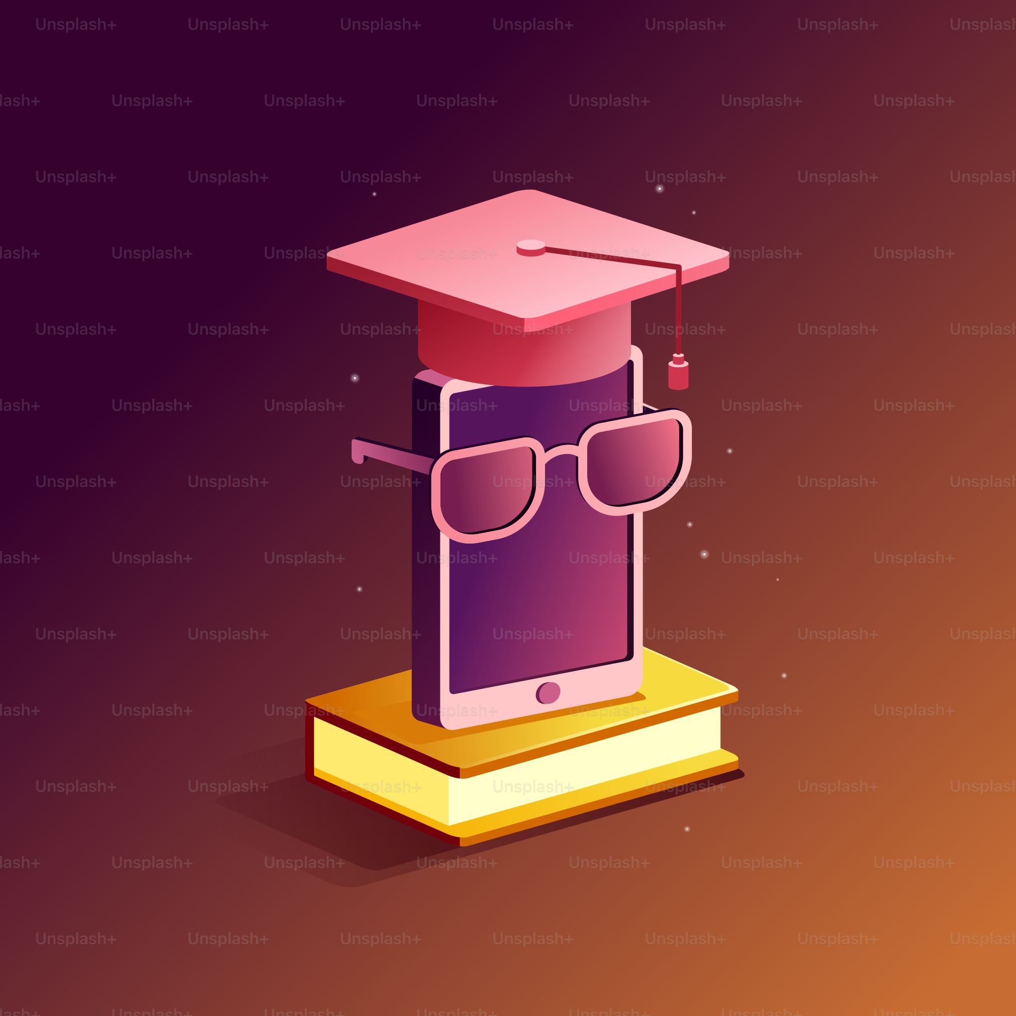 Smartphone wearing graduation cap and glasses on book
