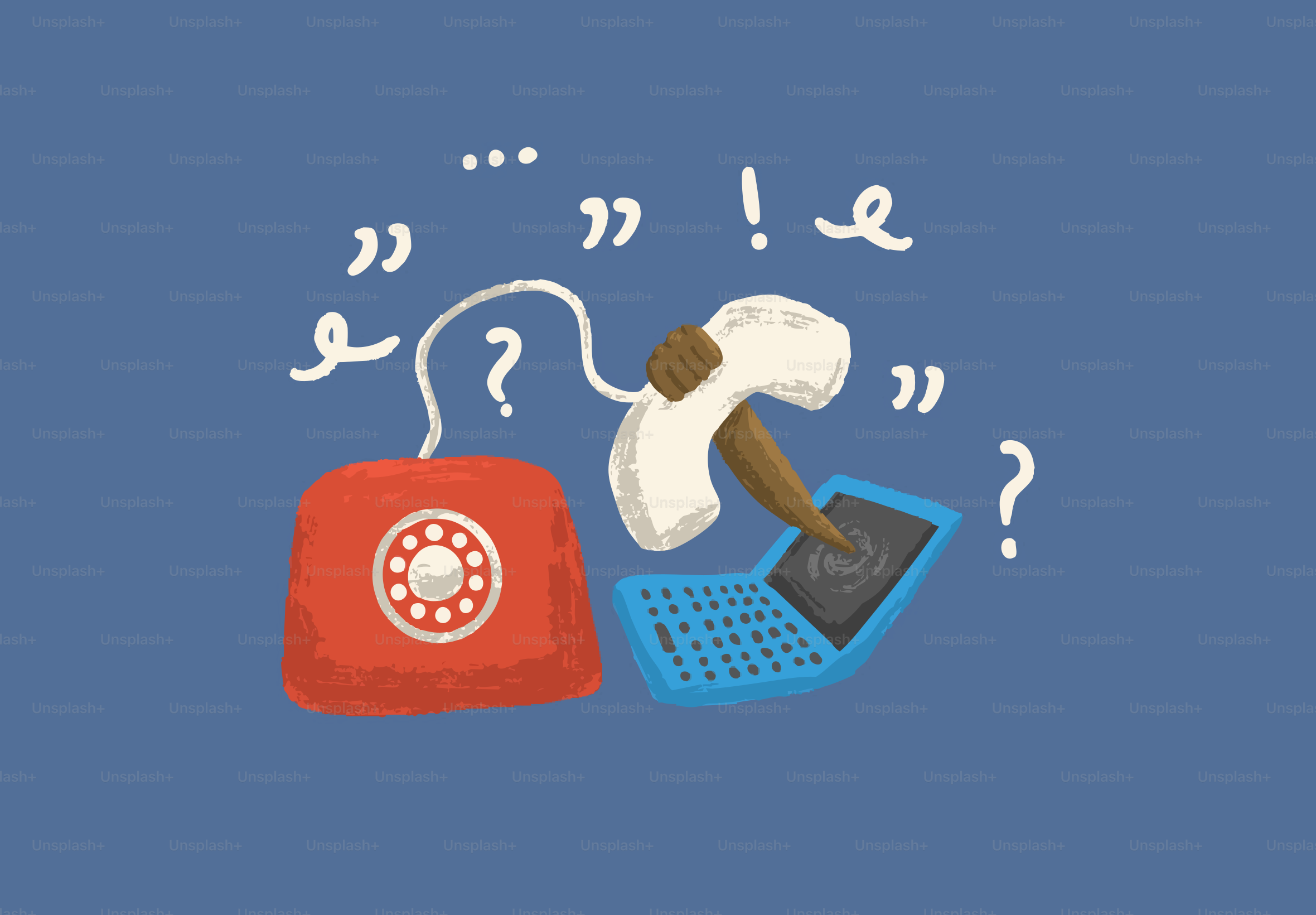 Telefone e laptop antigos com pontos de interrogação