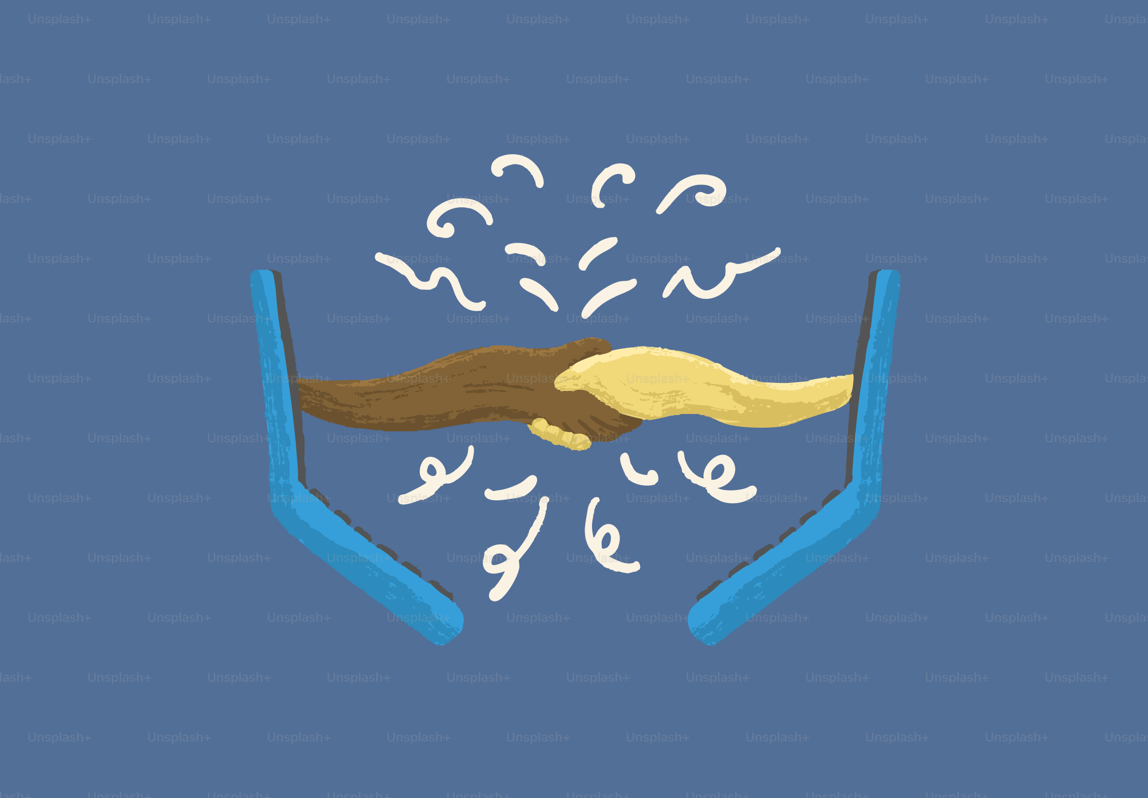 Two hands shaking with blue arms and white swirls.