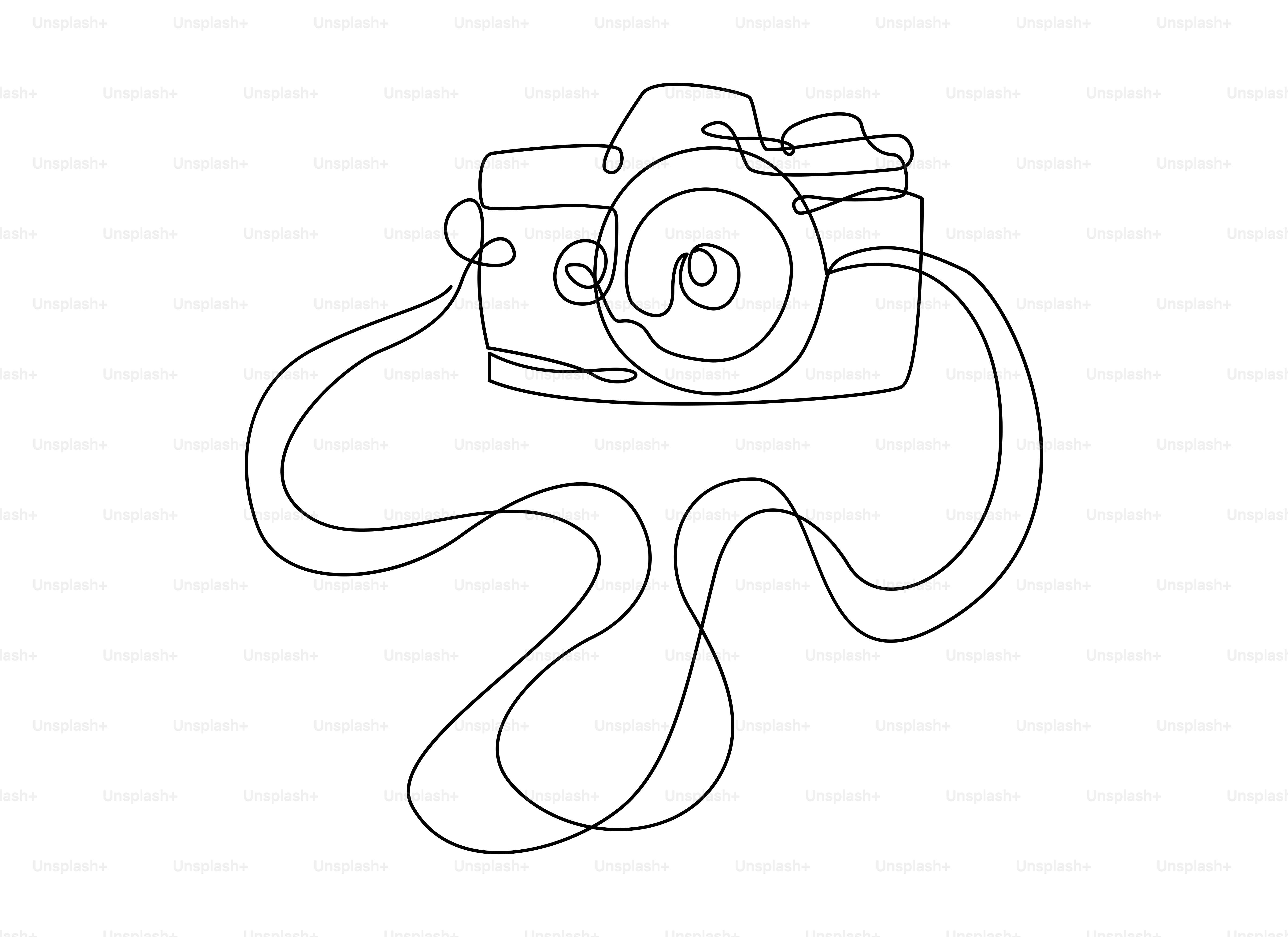 A minimalist line drawing of a camera with a strap.