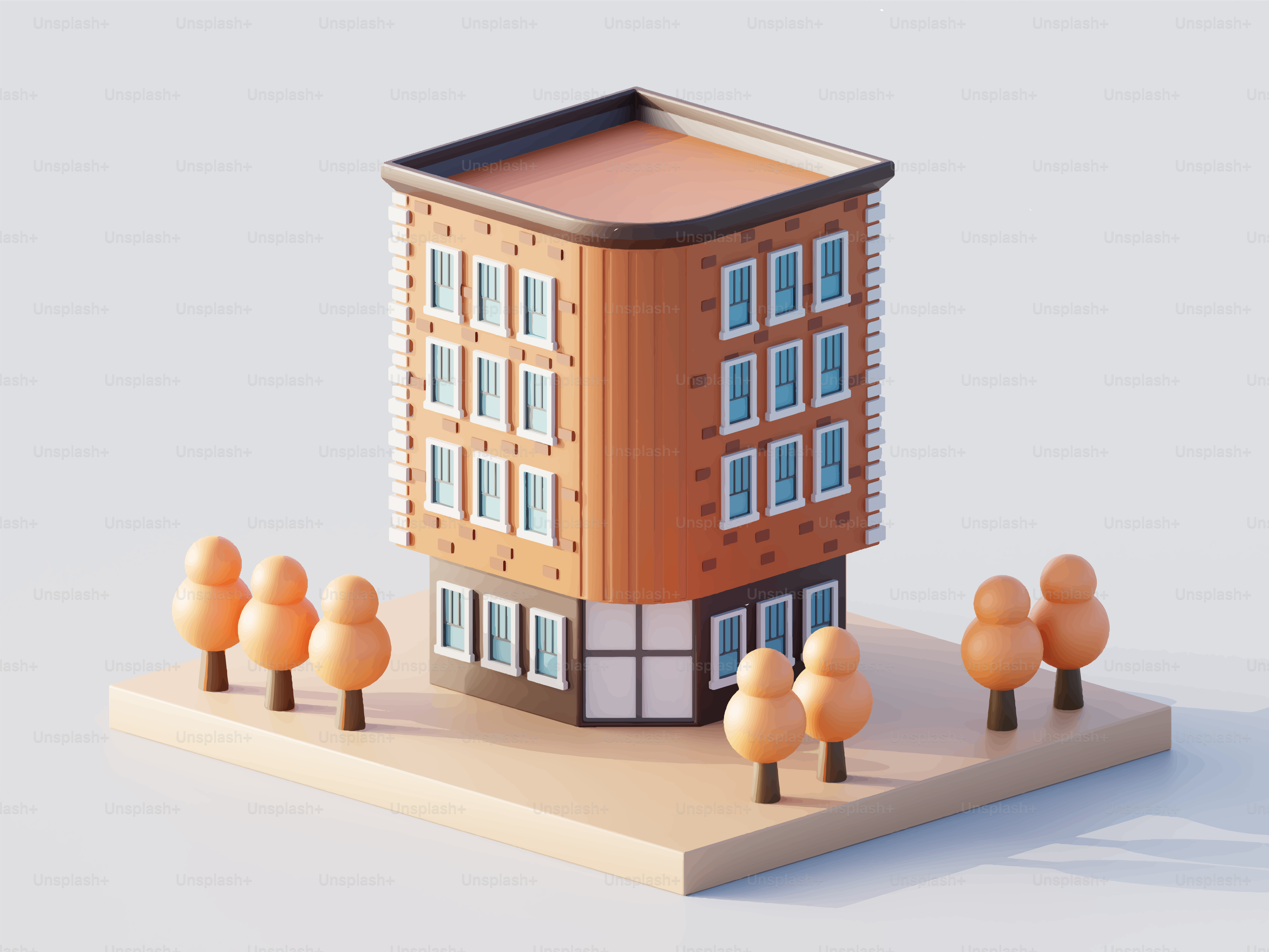 プラットフォームの上に木々がある様式化された建物。