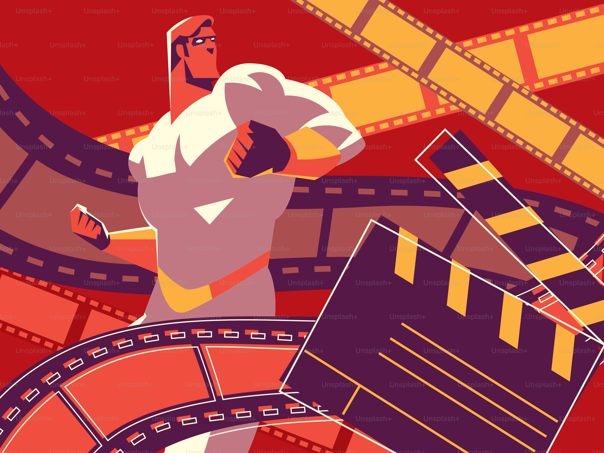 Superhero with film reels and clapperboard