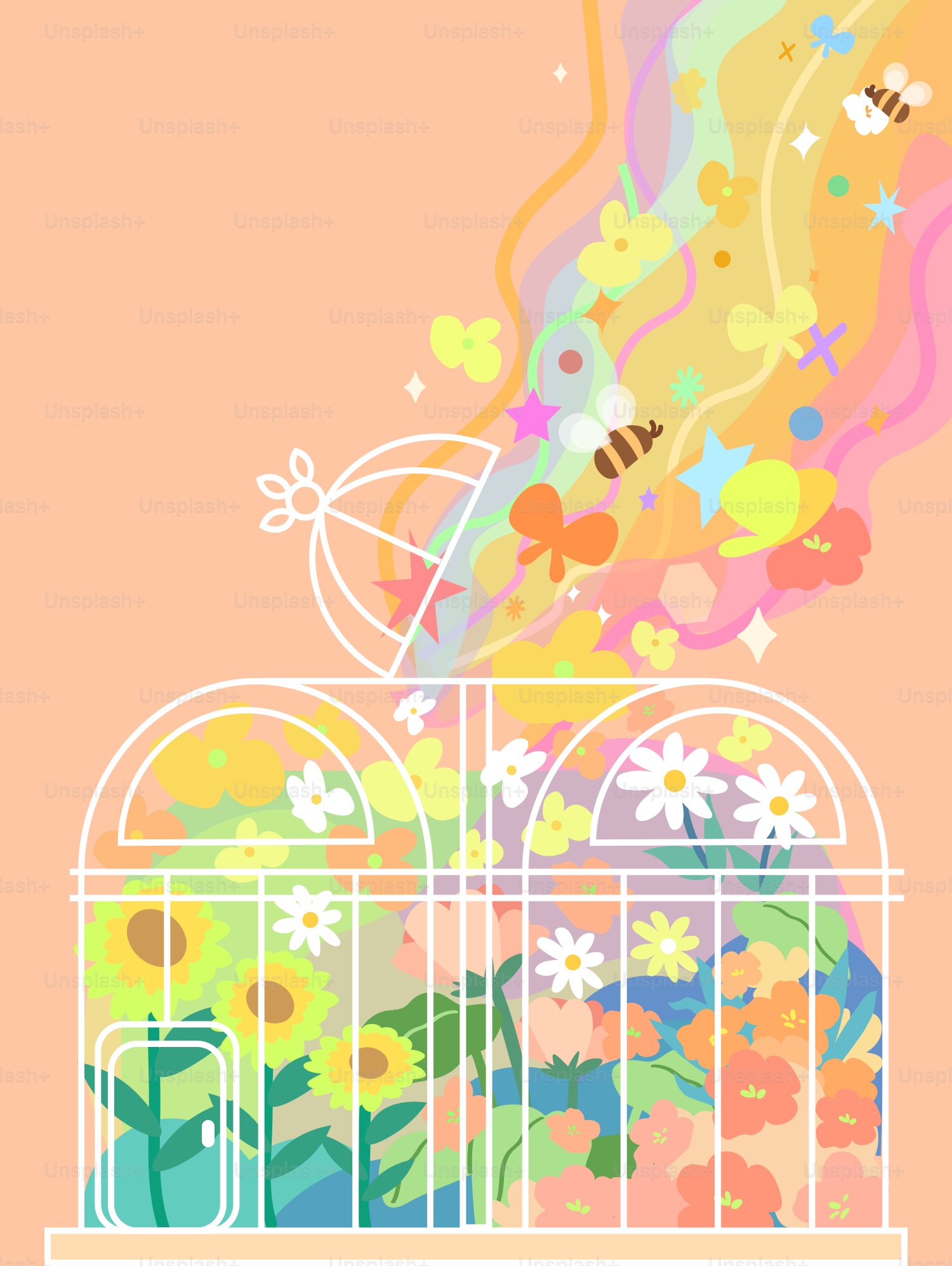 Flowers and bees escaping a white birdcage