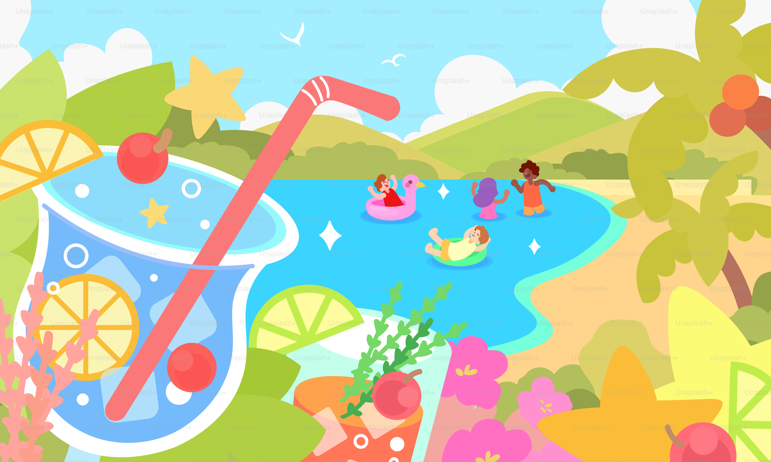 Refreshing summer beach scene with people and drinks