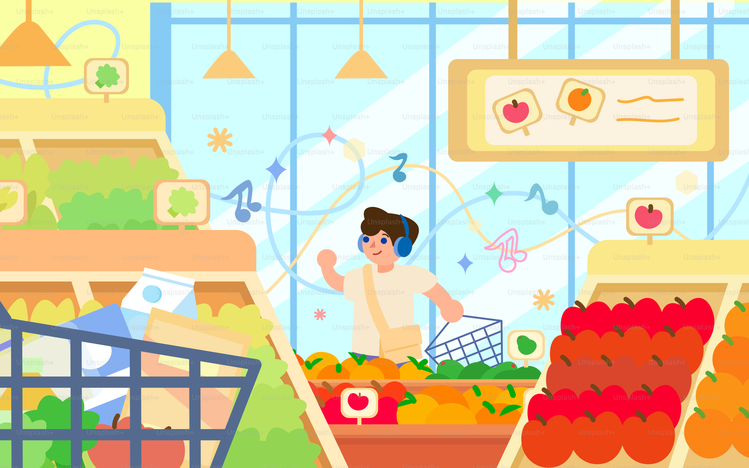 Man happily shopping in a bright grocery store.