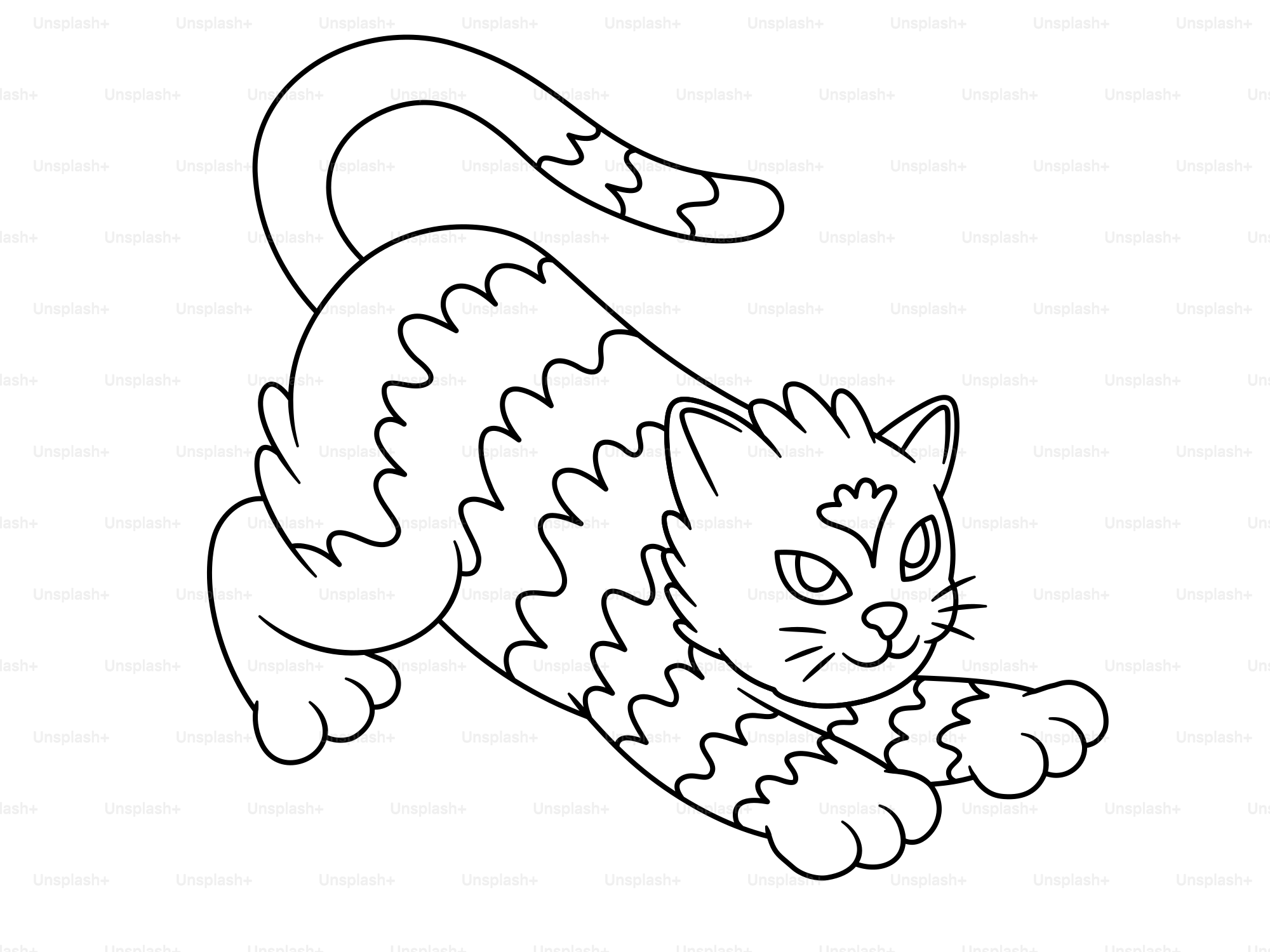 A stylized cat with wavy stripes stretching.