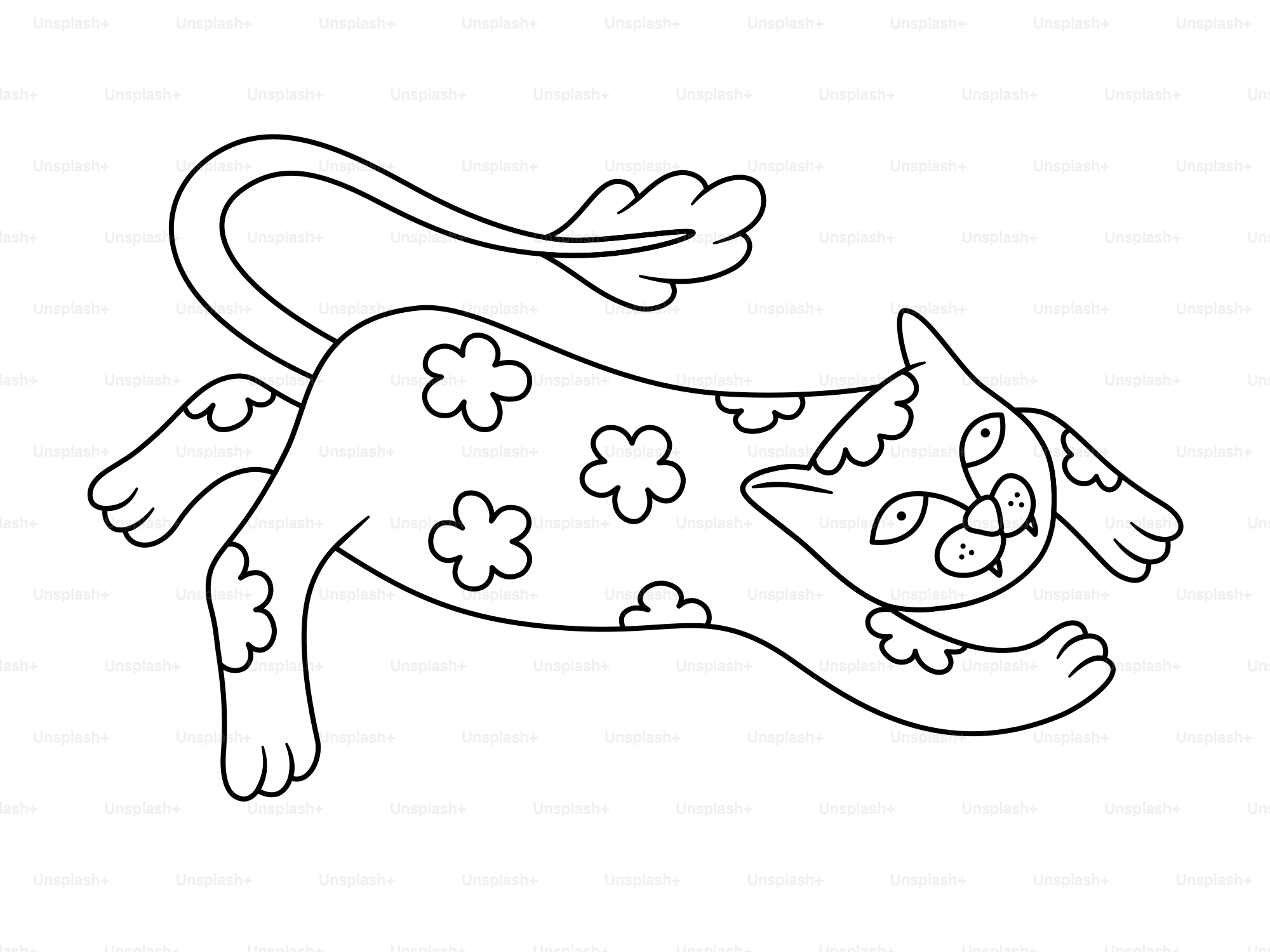 A line drawing of a cat with flowers