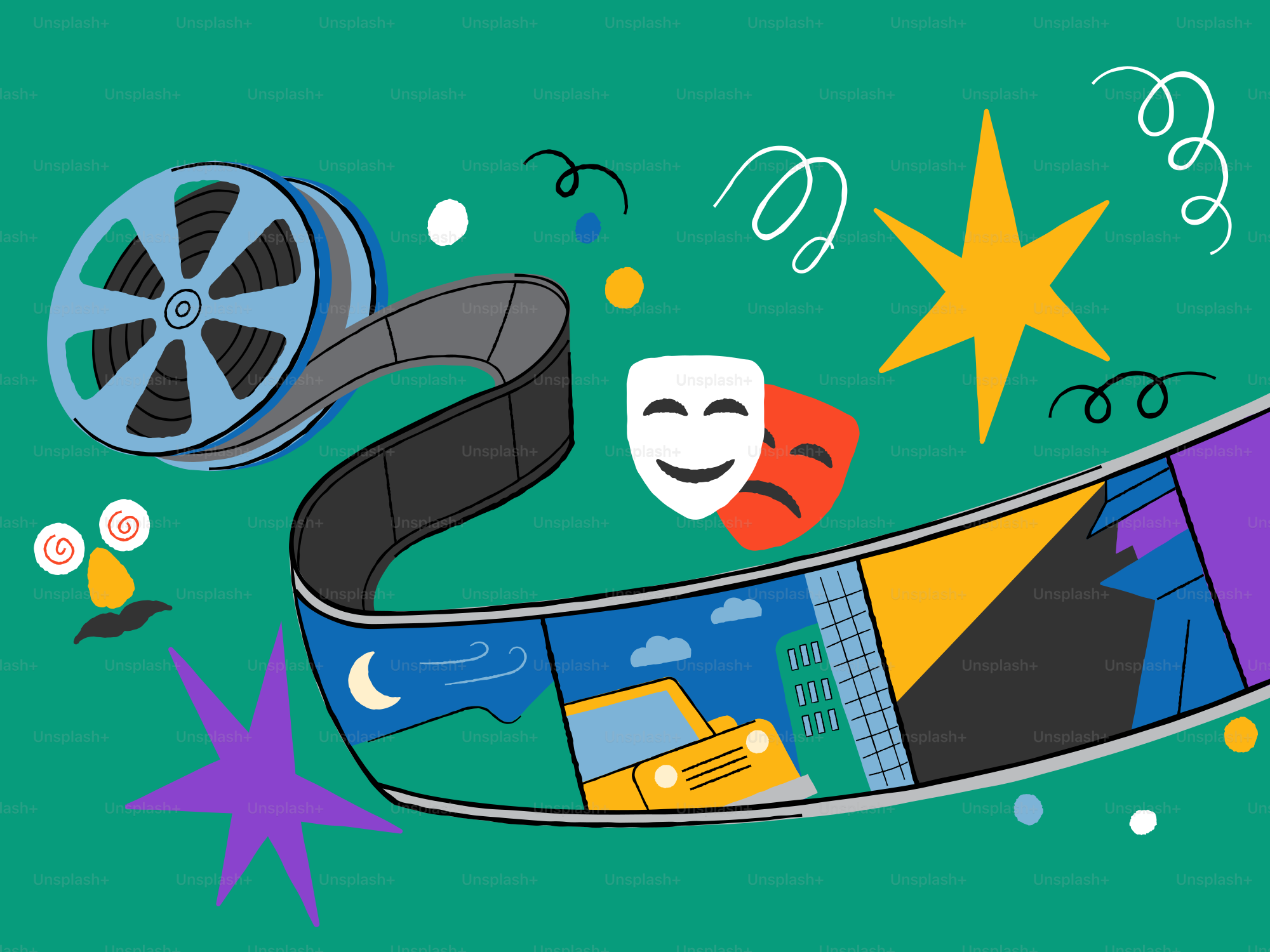 Film reel with movie scenes and theater masks