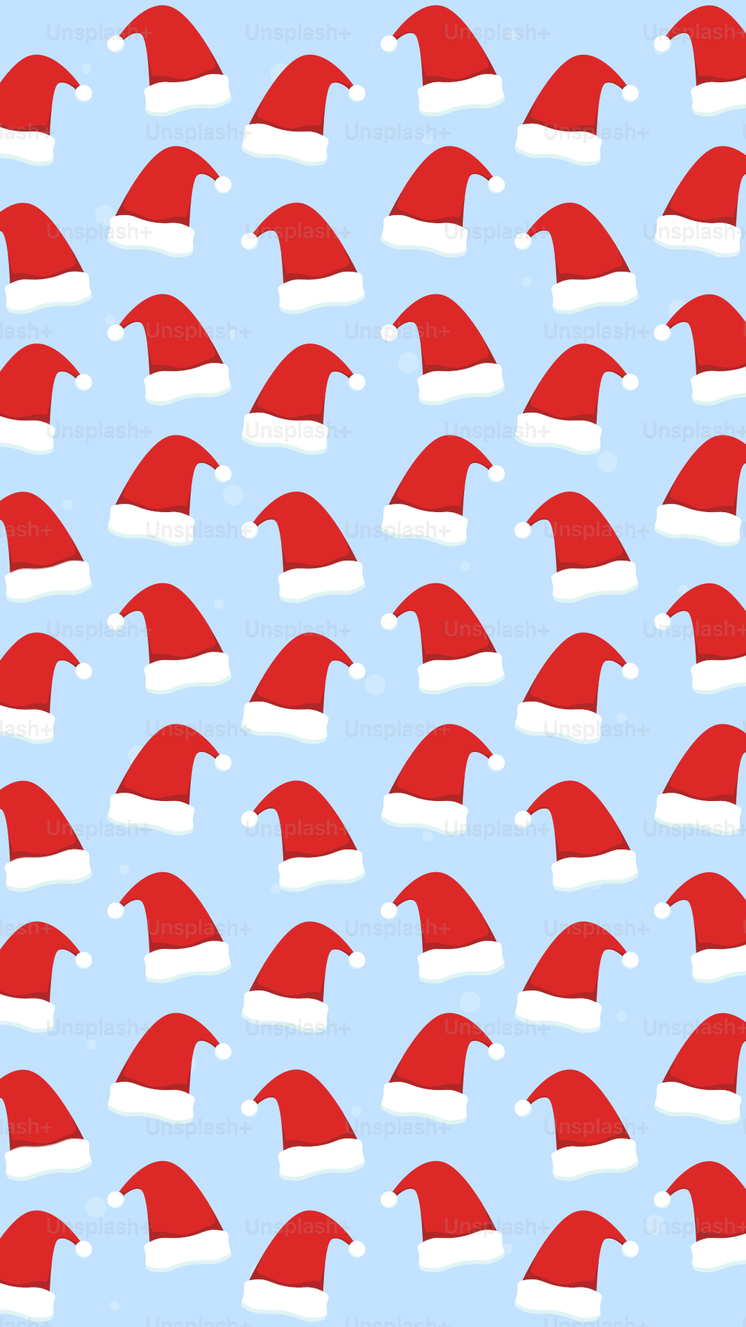 Pattern of red santa hats on a blue background
